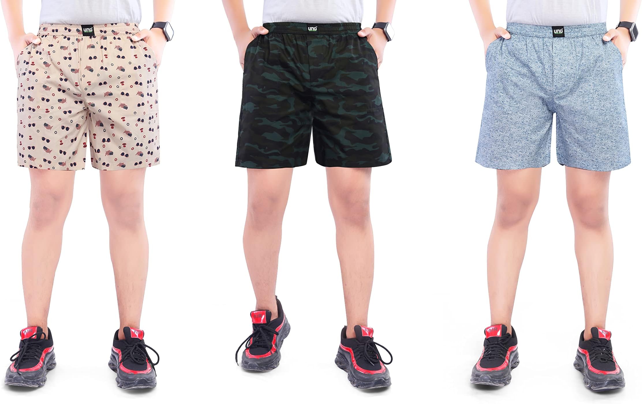 UNOsevenPrinted Cotton Shorts for Boys - Assorted (Mix) - Pack of 3 (Any 3 Color Print) - Available in L & XL