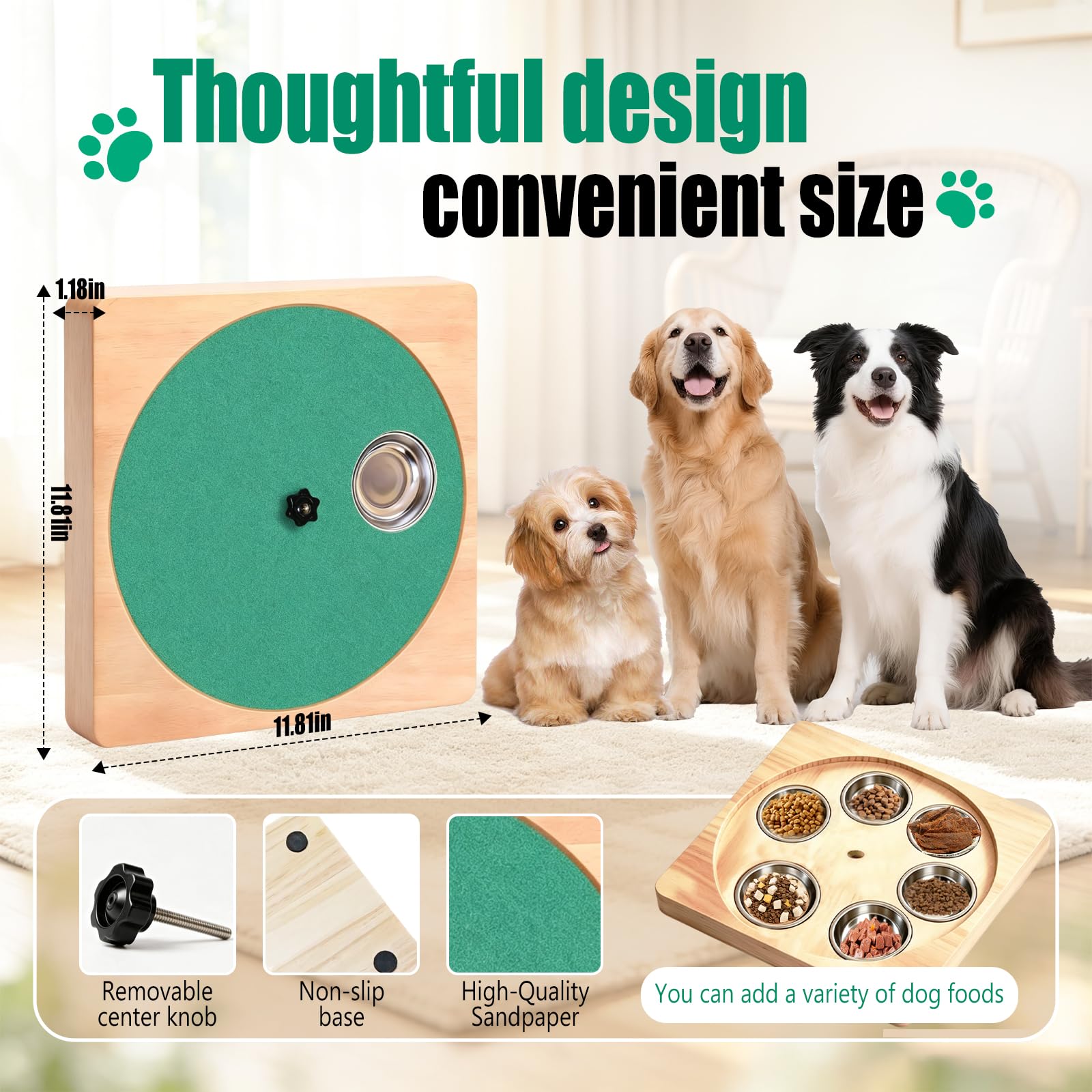 Planche à gratter pour griffes de chien à résistance réglable, avec 6 bols à friandises en acier inoxydable, planche à gratter 3 en 1 en bois pour les ongles, planche à gratter pour pattes pour un