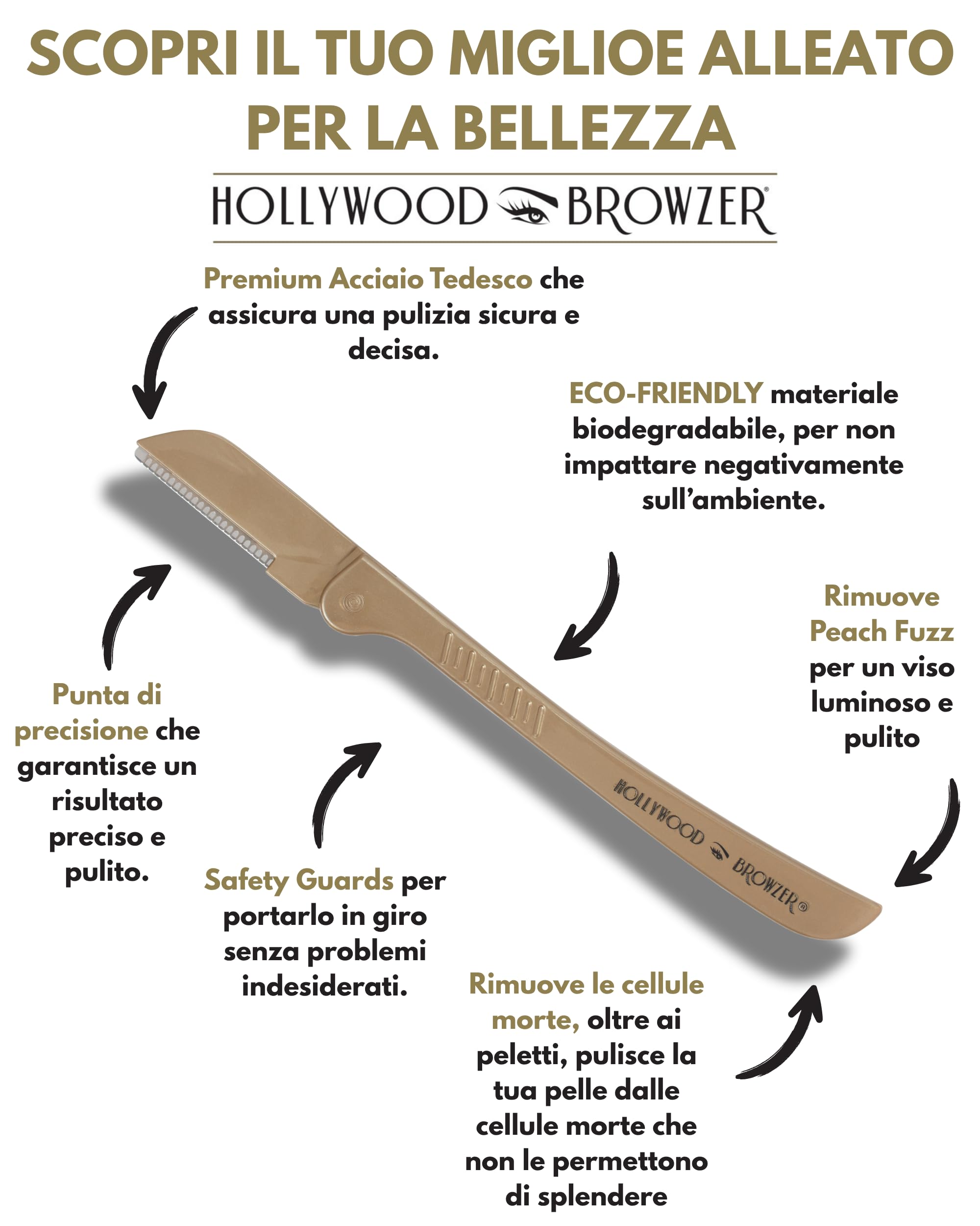 Hollywood Browzer Dermaplaning - Rasoio per viso, modellatura delle sopracciglia, rimozione di peli indesiderati e peluria di pesca, strumento esfoliante per donne, rasoio per il viso da donna,