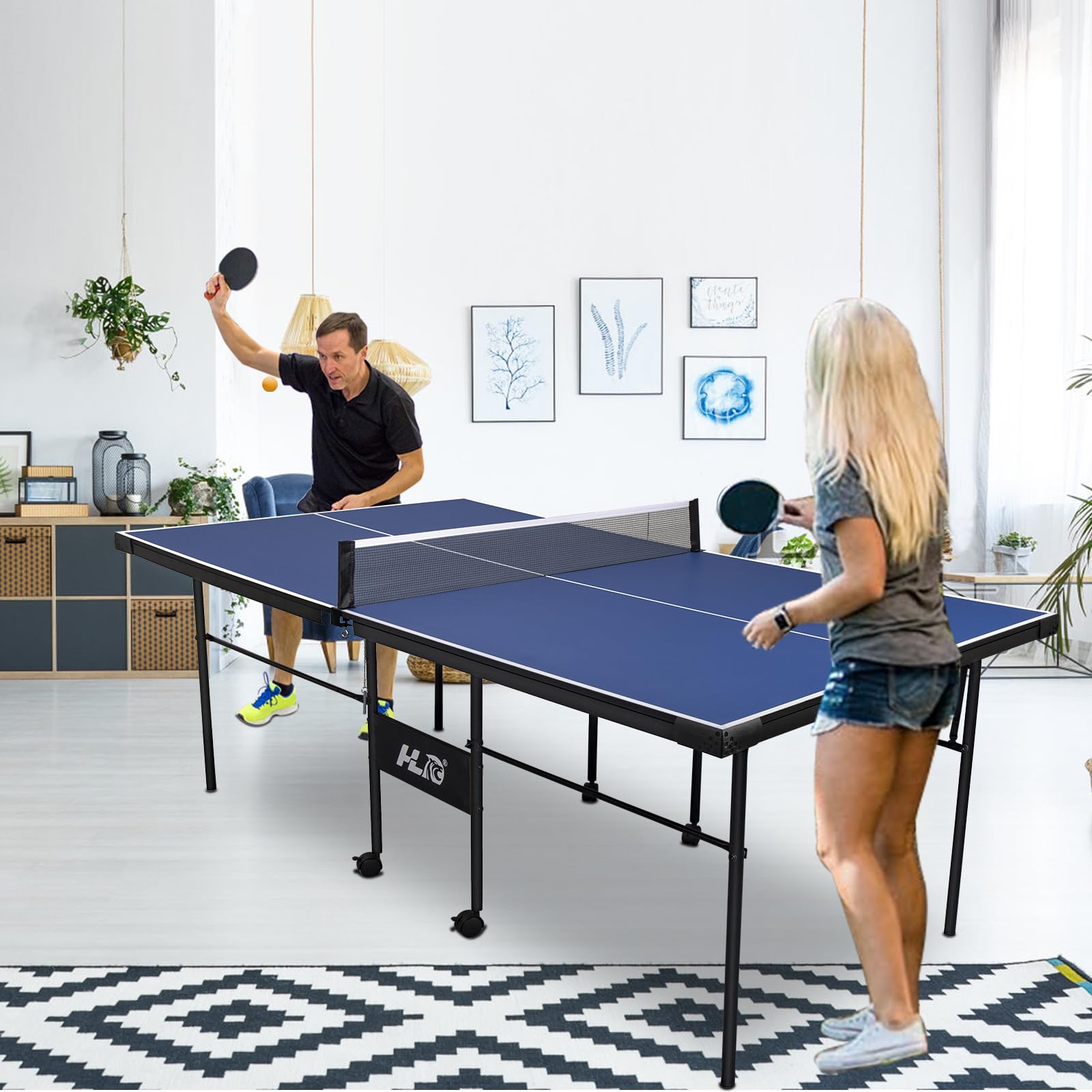 HLC 7FT - Mesa de ping pong de MDF, plegable, patas de acero, con red y kit de raquetas y pelotas de tenis, color azul