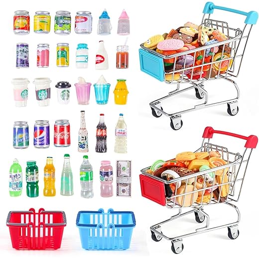 134pcs Mini Shopping Cart Basket Miniature Food Drink Bottle Supermarket Metal Handcart Toys Doll House Store Cosplay Game Dollhouse Grocery Fruit Cake Bread Party Trolley Model Dollar Bills