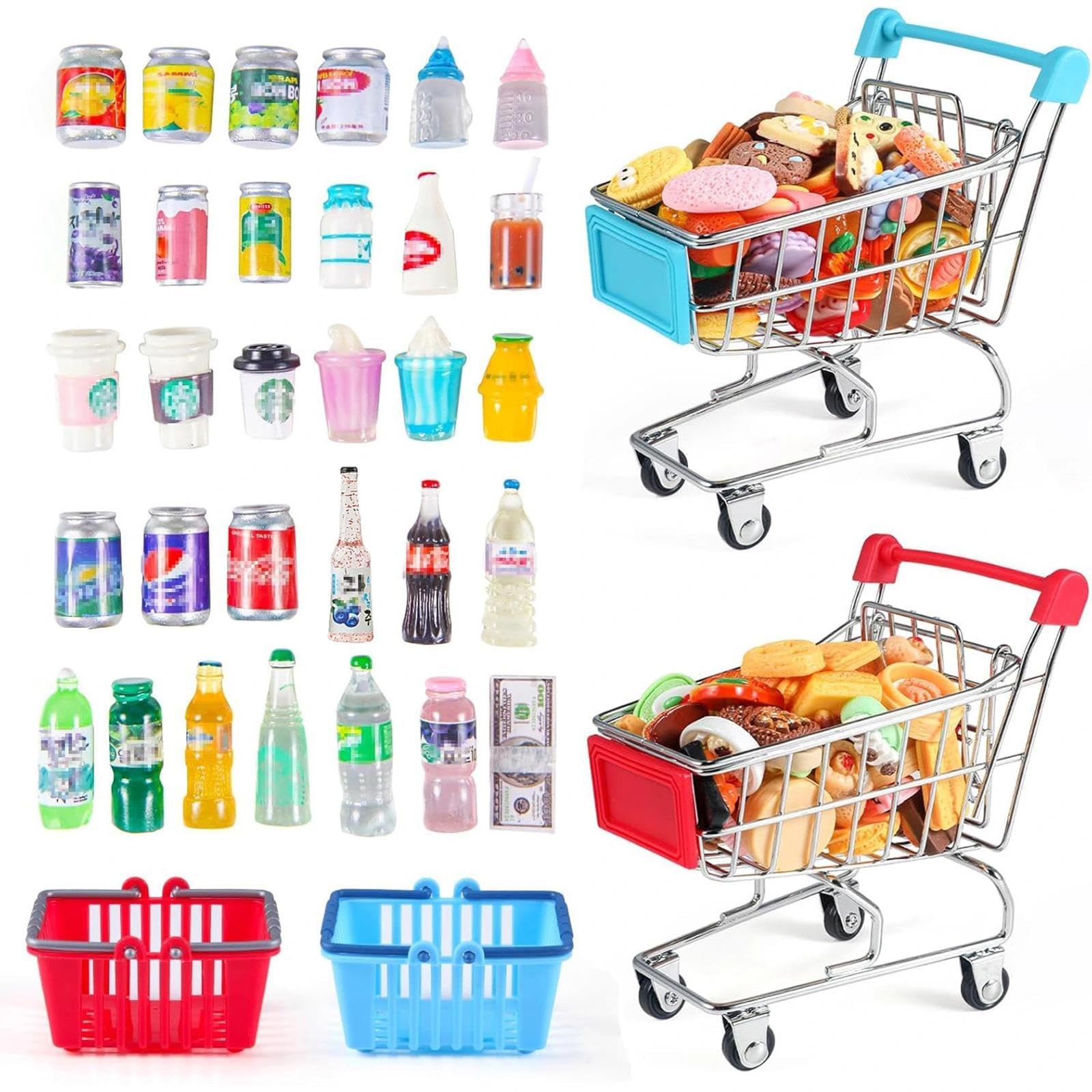 HSJH 134pcs Mini Shopping Cart Basket Miniature Food Drink Bottle Supermarket Metal Handcart Toys Doll House Store Cosplay Game Dollhouse Grocery Fruit Cake Bread Party Trolley Model Dollar Bills