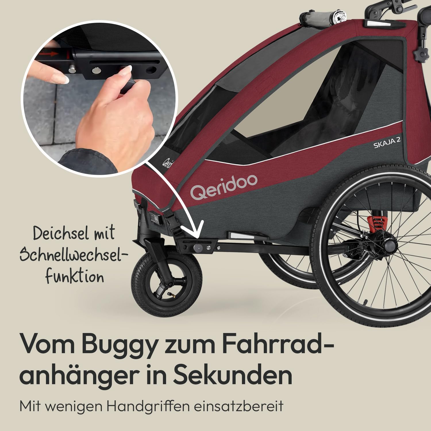 Qeridoo Skaja 2 Cayenne Red | Fahrradanhänger 2 Kinder mit Premium-Federung & 3-in-1-Funktion | Kinderfahrradanhänger & Jogger Kinderwagen | Leichter Fahrrad Anhänger Kinder | Sicher & Komfortabel