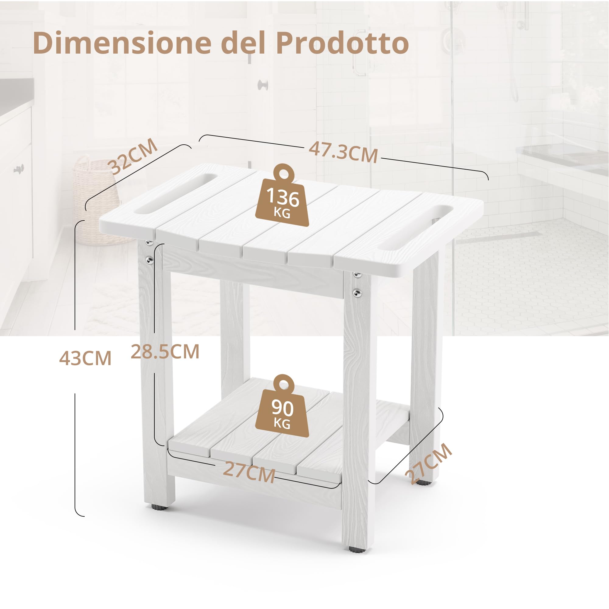 LUE BONA Sgabello da Doccia in HDPS, Sedia da Bagno Impermeabile con Ripiano, Seduta Antiscivolo per Doccia, Resistente alle Intemperie per Interni ed Esterni, Bianco