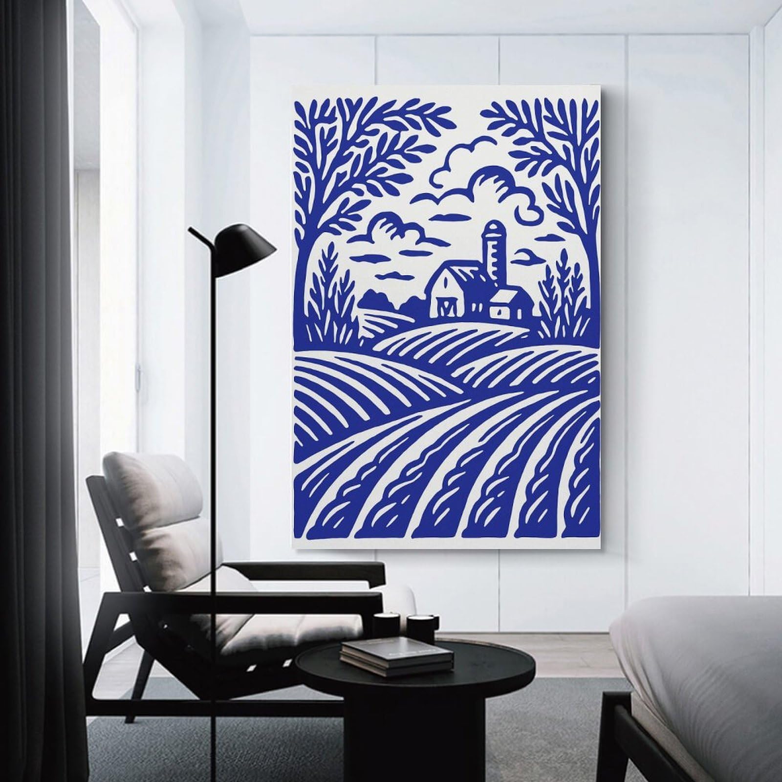 Junmoney Canvas Wall Decor Blue Farm Landscape Illustration, 08x12inch(20x30cm), for Gallery Wall Layouts in Home Or Office, Home Wall Art for Statement Displays