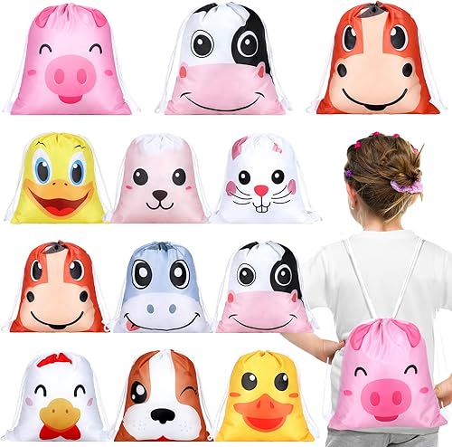 Woanger Suministros para fiesta de cumpleaños de granja, bolsas de regalo para fiesta de animales de granja, bolsas de regalo, bolsas con cordón de