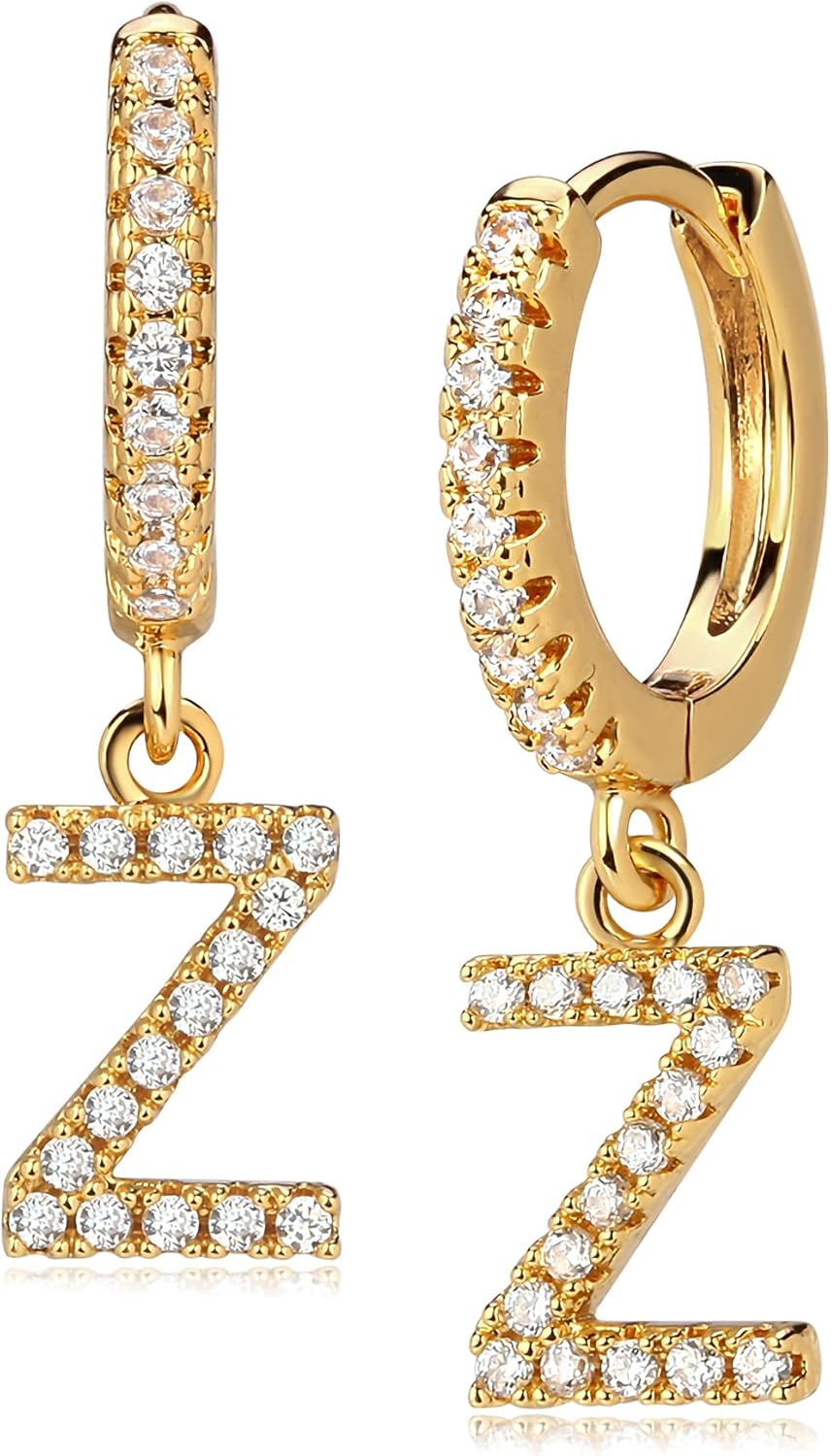 Gold Initial Earring 14K Gold Plated Dainty Tiny Diamond Cubic Zirconia Inlay Alphabet Letter Charm Drop Dangle Huggie Hoop Earrings Delicate Jewelry