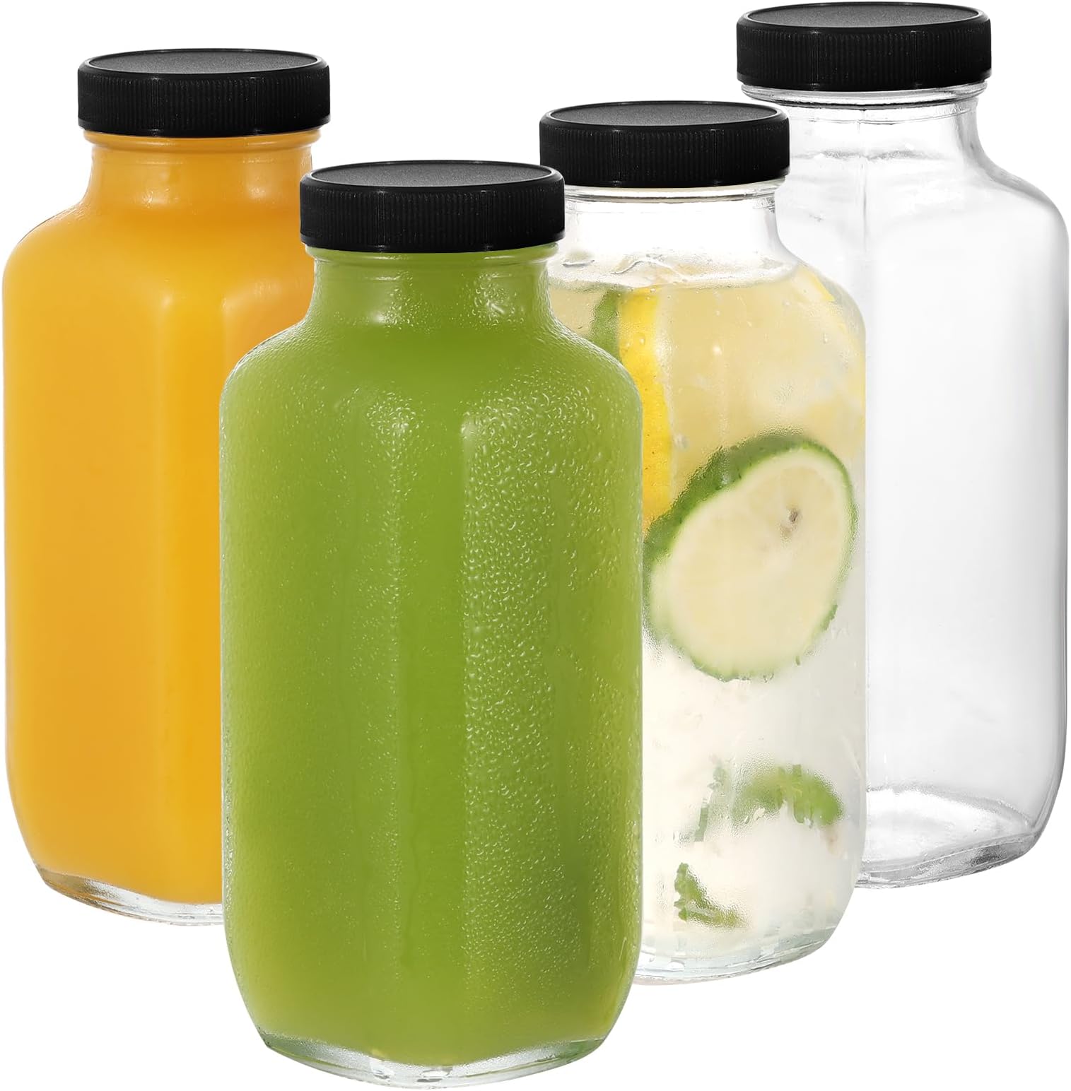 LIMILI Glass Bottles with Lids, 4pcs 500ml Reusable Wide Mouth Clear Glass Juice Bottles, for Milk, Hot Cold Drinks, Homemade Beverages