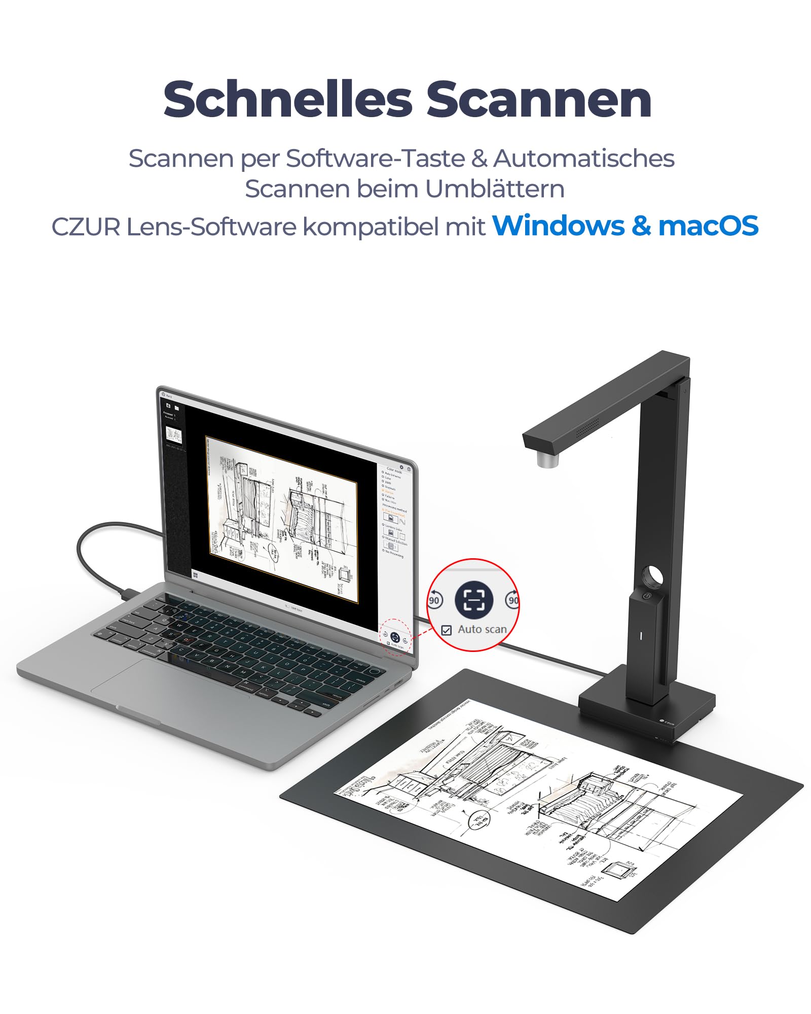CZUR 12MP USB-Dokumentenkamera und Visualizer, A4 Dokumentenscanner tragbarer Scanner, für Lehr- und Klassenzimmer, Home-Office, kompatibel mit Windows, macOS (Lens 1200) (Mattschwarz) | USB-Scanner für Rechnungen, Verträge & Steuerunterlagen, Visualizer
