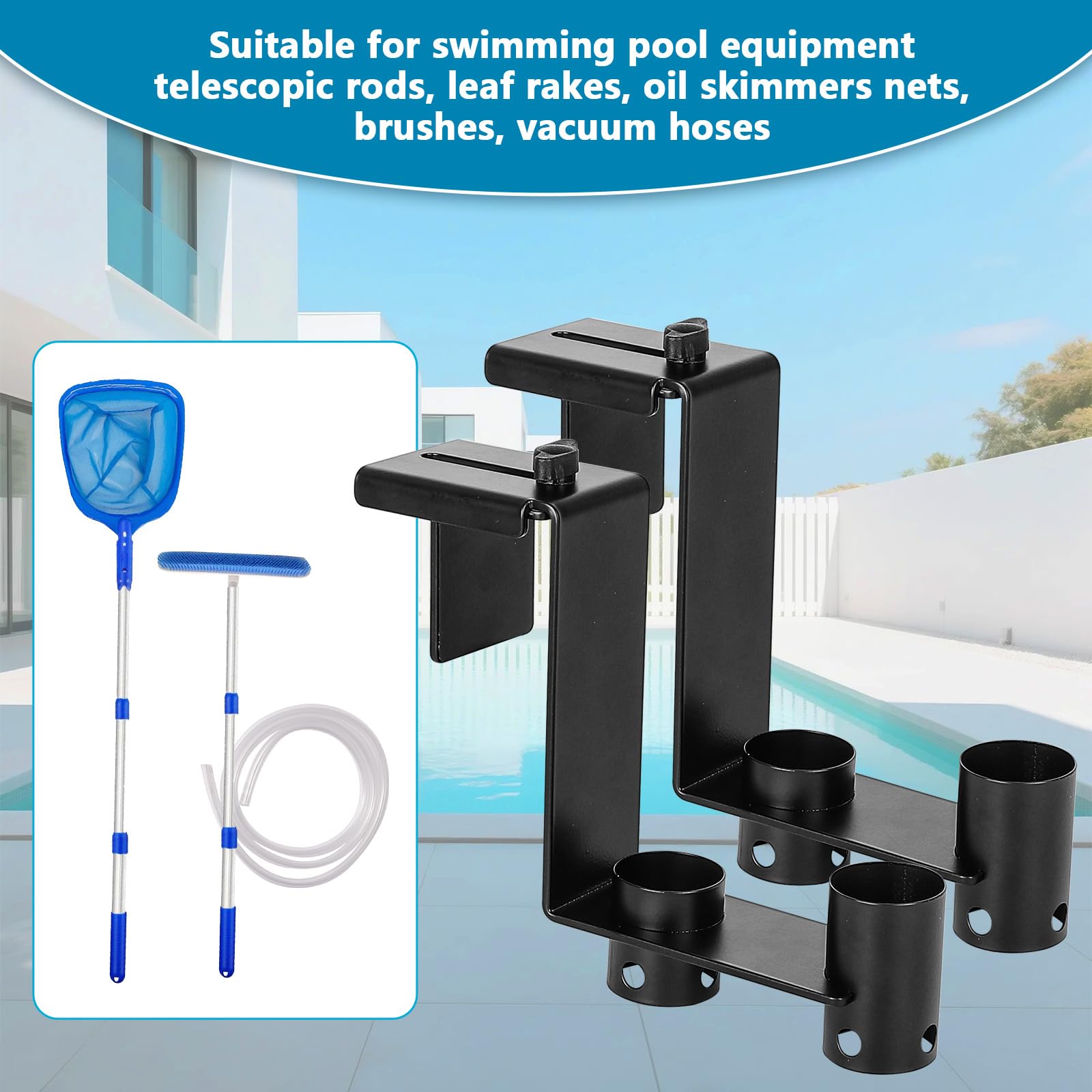 Lettry 2 ganci regolabili per recinzione per piscina, organizer per attrezzi da piscina, accessori per la pulizia della piscina, pennello, retino per foglie, testa sottovuoto, adatti per ringhiere da