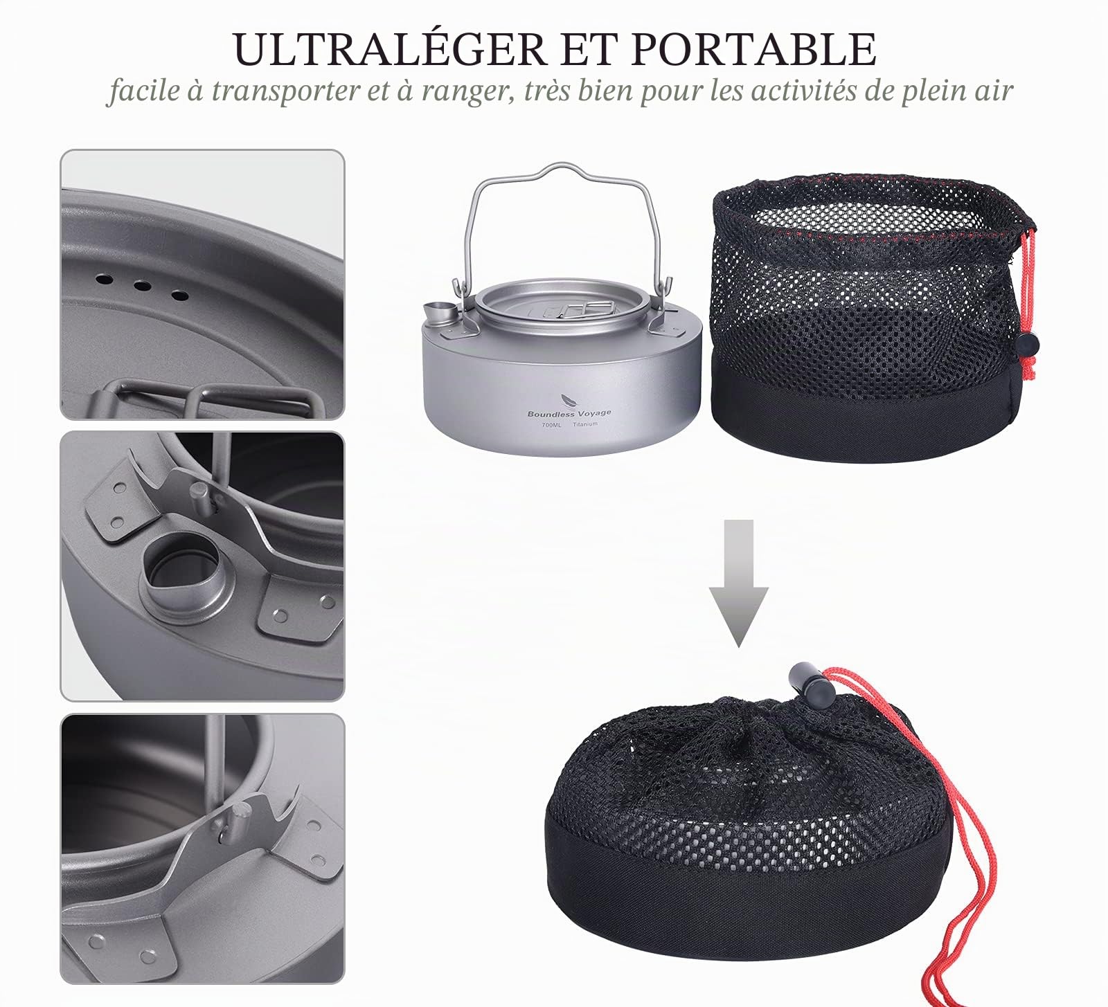 iBasingo Bouilloire en titane de 700 ml pour camping - Ultra légère - Avec poignée pliable et filtre - Ti3100D - Gris, Ti3100D-B