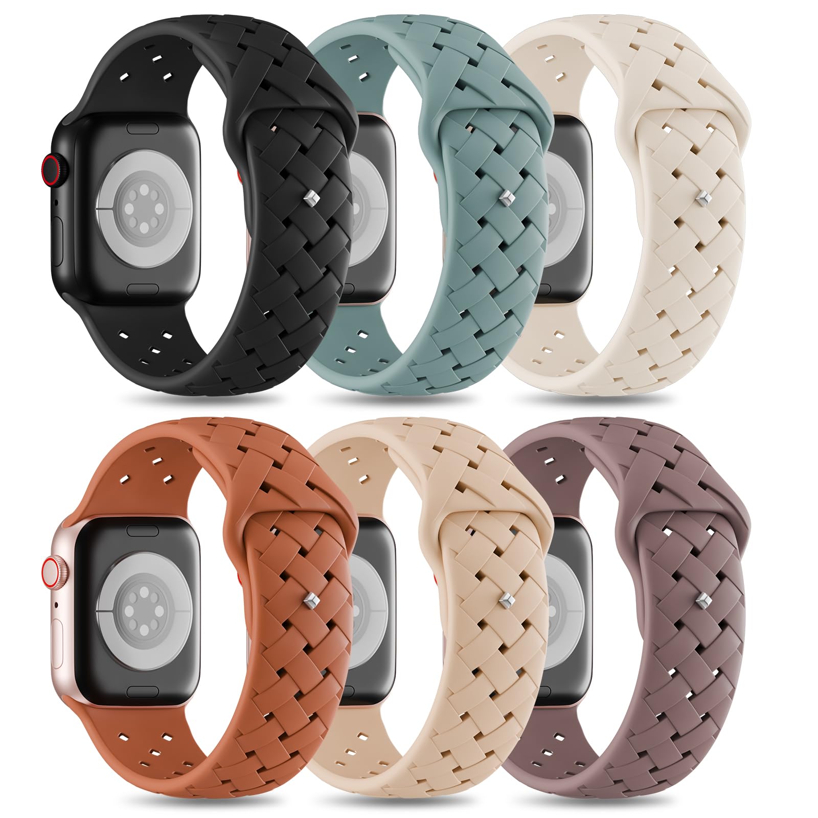 6 Pack Silicone Braided Compatible with Apple Watch Band 42mm 41mm 40mm 38mm 46mm 45mm 44mm 49mm for Women Men, Soft Breathable Sport Strap for iWatch