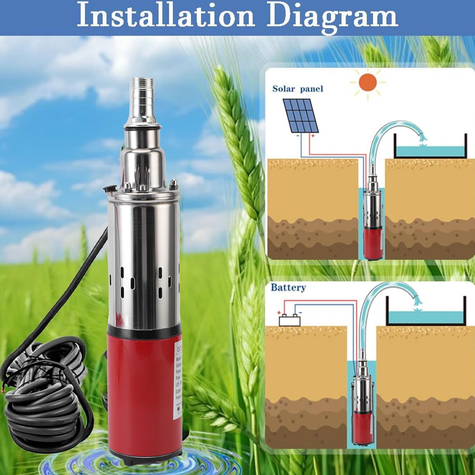 Pompa Sommersi di Pozzi Profondi, Pompe D'acqua in Acciaio Inossidabile 340 W per L'irrigazione Industriale Uso Domestico, Pozzo Solare Sommersi a Pompaggio Profondo 6.6 Gpm