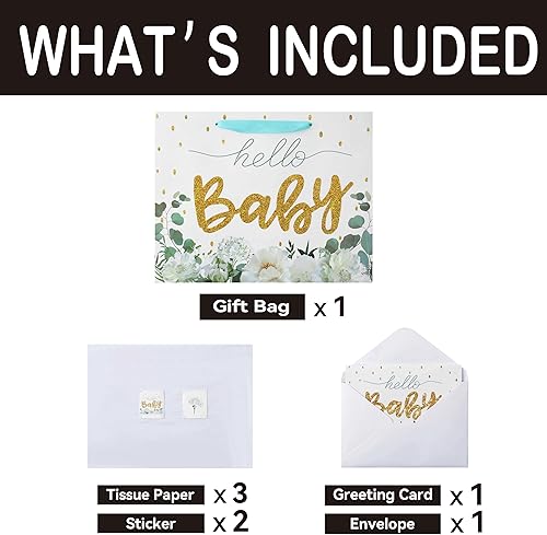 Miniatura 3 de Juego de bolsas de regalo blancas extragrandes de 16.5 pulgadas con tarjeta de felicitación y papeles de seda (purpurina dorada 'bebé') para baby