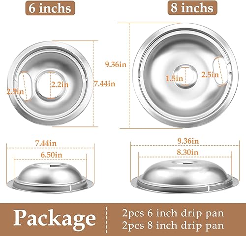 Miniatura 7 de Paquete de 4 bandejas de goteo cromadas mejoradas, cuencos reflectores compatibles con Whirlpool W10196405 W10196406 W10278125 (dos de 6 pulgadas y