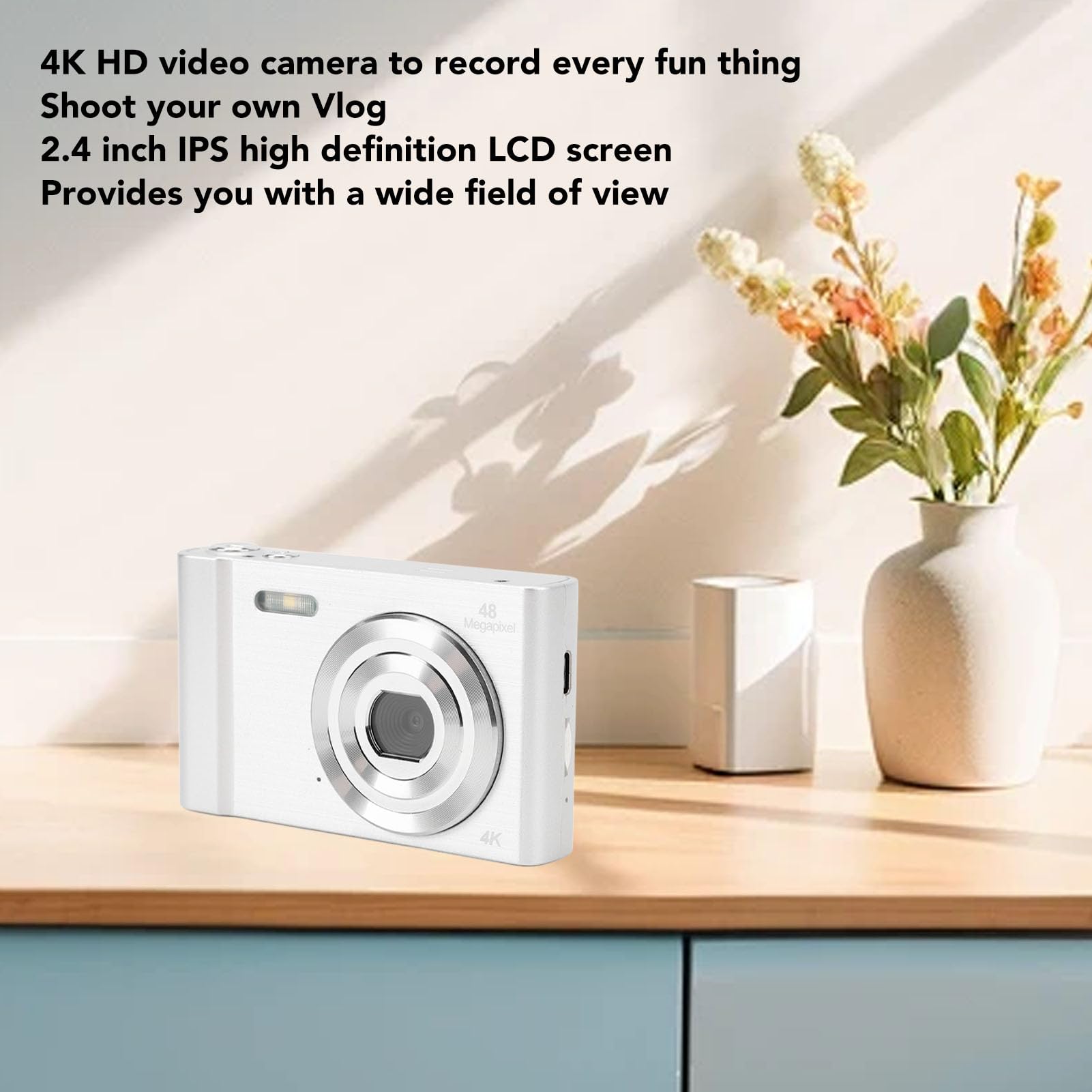 Fotocamera Digitale, Fotocamera Compatta Tascabile FHD 48MP 1080P con Schermo IPS da 2,4 Pollici, Zoom Digitale 16X, Cinghia da Polso, Sensore CMOS, per di Viaggi (SILVER)
