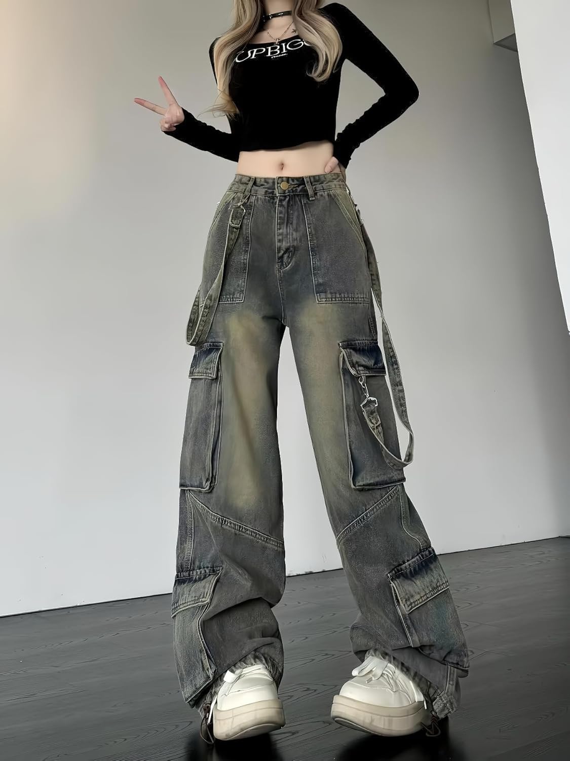 Baggy Cargo Jeans for Women Y2K High Rise Multi Pockets Wide Leg Jeans Trousers Street Grunge Denim Cargo Pants