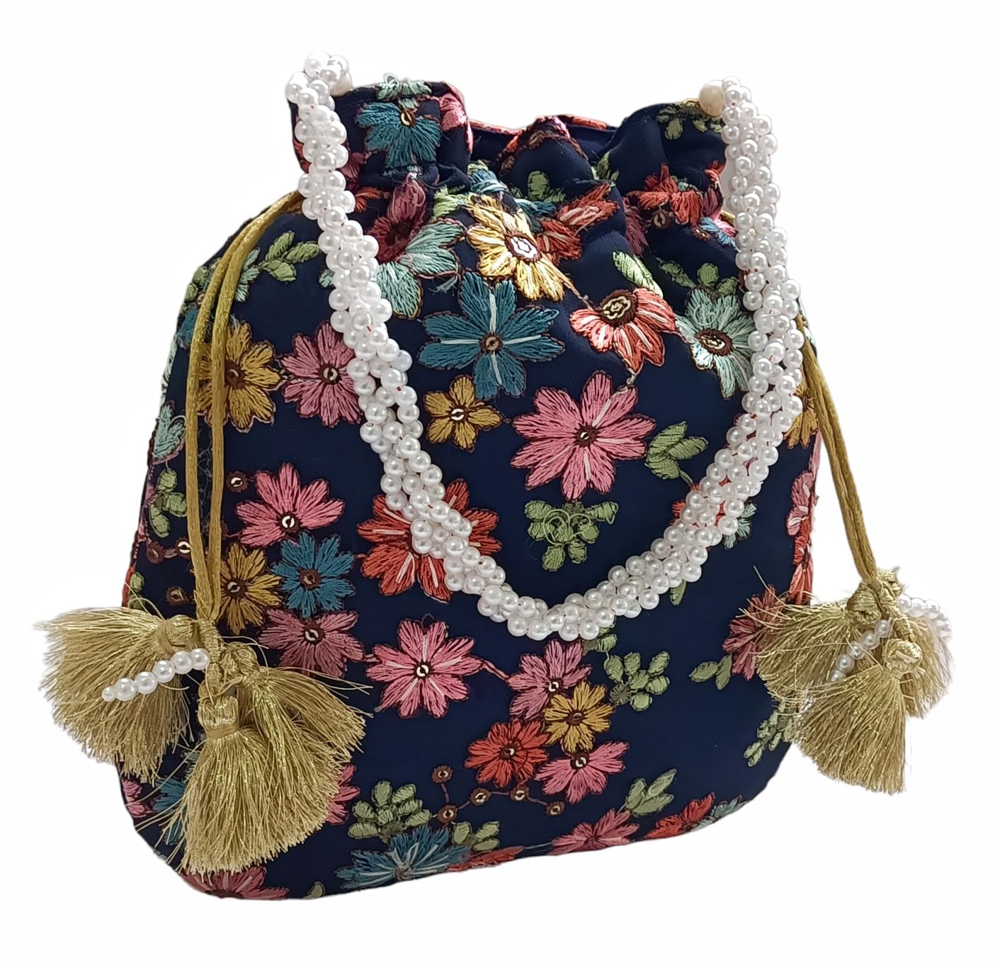 DUCHESS Womens Embroidered Polti Bag with Pearl Handle and Tassel - Bridal Ethnic Traditional Casual Purse/Clutch/Handbag, (21 L X 2 W X 23 H C, Navy Blue) (B0CD28JQMG) Amazon Price History, Amazon Price Tracker