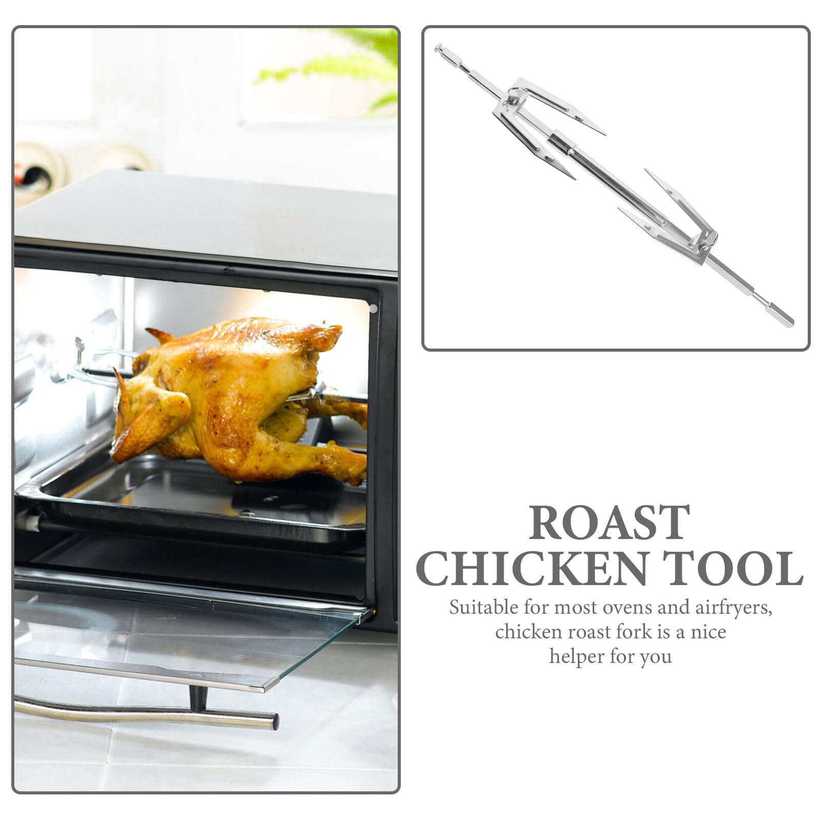 SHINEOFI Soporte Ajustable para Asar Pollo y Pavo en Freidora de Aire, Tenedor de Acero Inoxidable Resistente al Calor, Accesorio para Parrilla y Cocina al Aire Libre, Adecuado para Carne