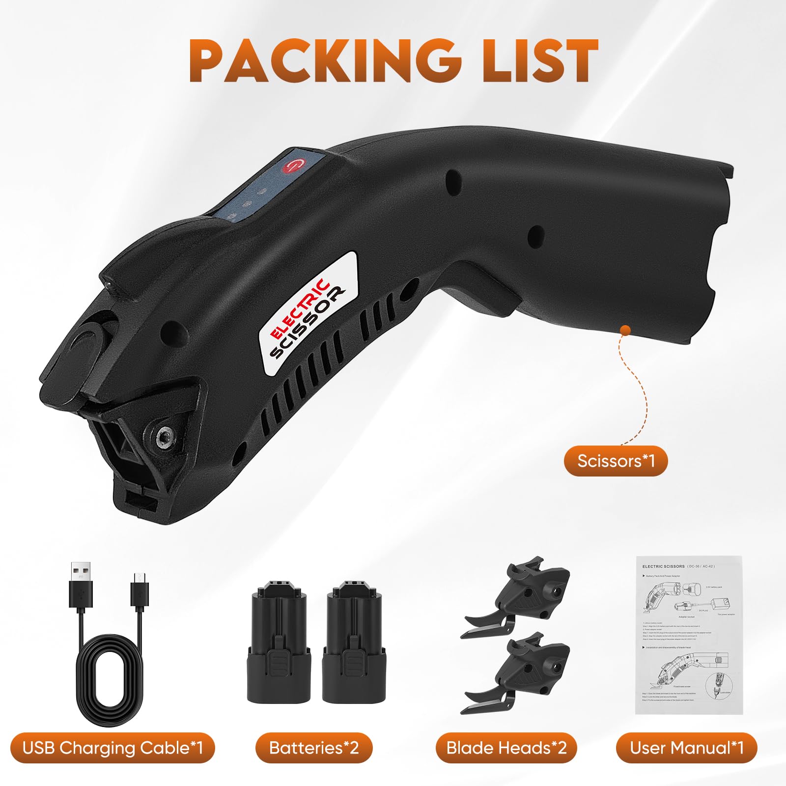 forbice elettrica per tessuti 2pcs 2500mAh batteria ricaricabile 6,000RPM con 2 lame di ricambio forbici elettriche per tappeti, pelle, cartone ufficio a casa...