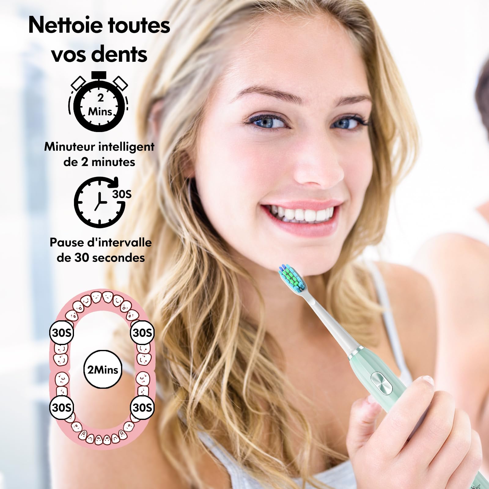 Brosse à Dents Électrique Soniques, Brosse a Dents Électrique pour Adultes et Enfants avec 5 Modes, Minuterie Intégrée et 9 Têtes Electric Toothbrush (Vert)