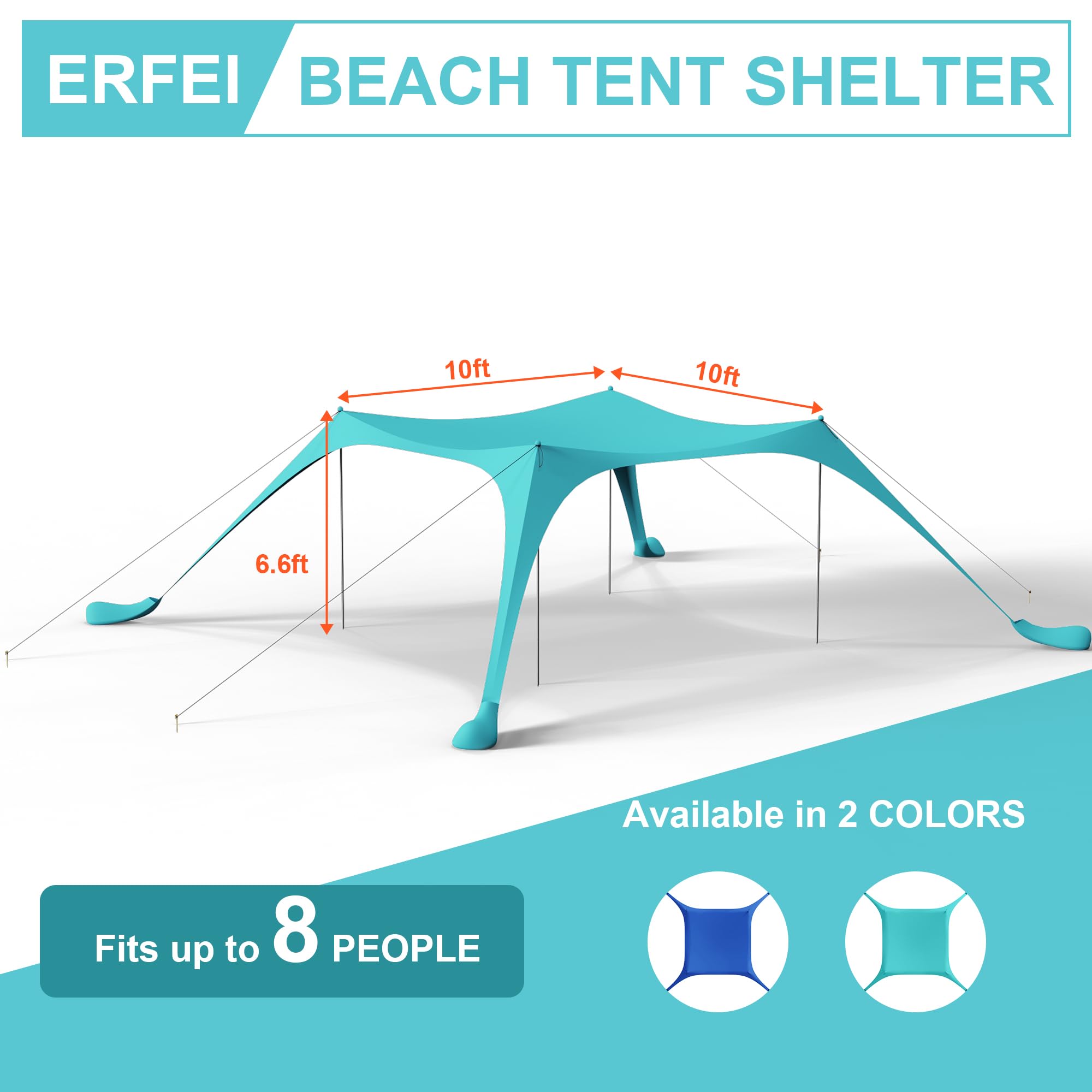 ERFEI Beach Tent Sun Shelter UPF50+ with Sandbags, Sand Shovel & Windproof Poles - Portable Pop Up Canopy for Beach, Camping, Picnics, Backyard & Fishing (Cyan,10x10FT)