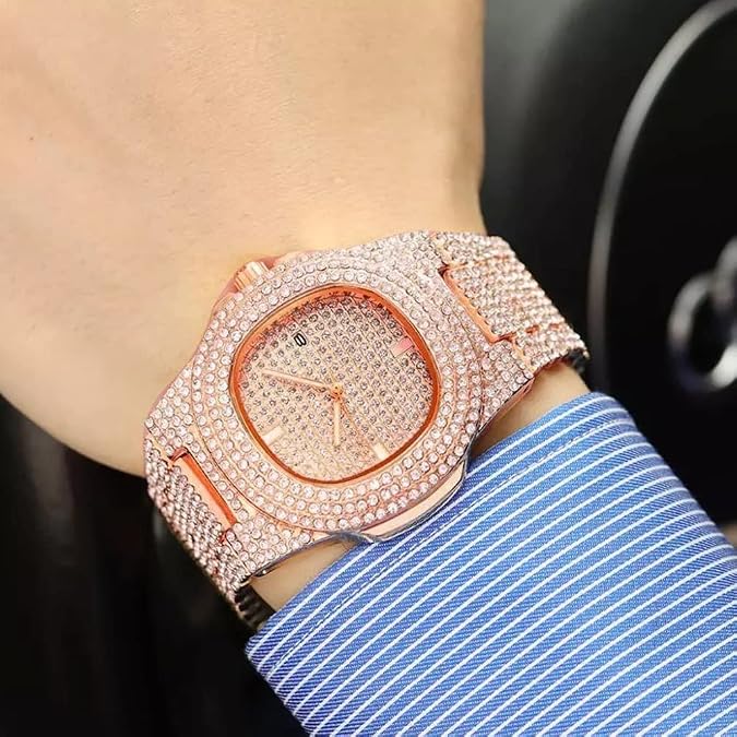 Apzzic Iced Out Watch CZ Diamond Gold Plated Fashion Cuban Link Watch Oval Dial Quartz Wristband Analog Wrist Watch for Men Women