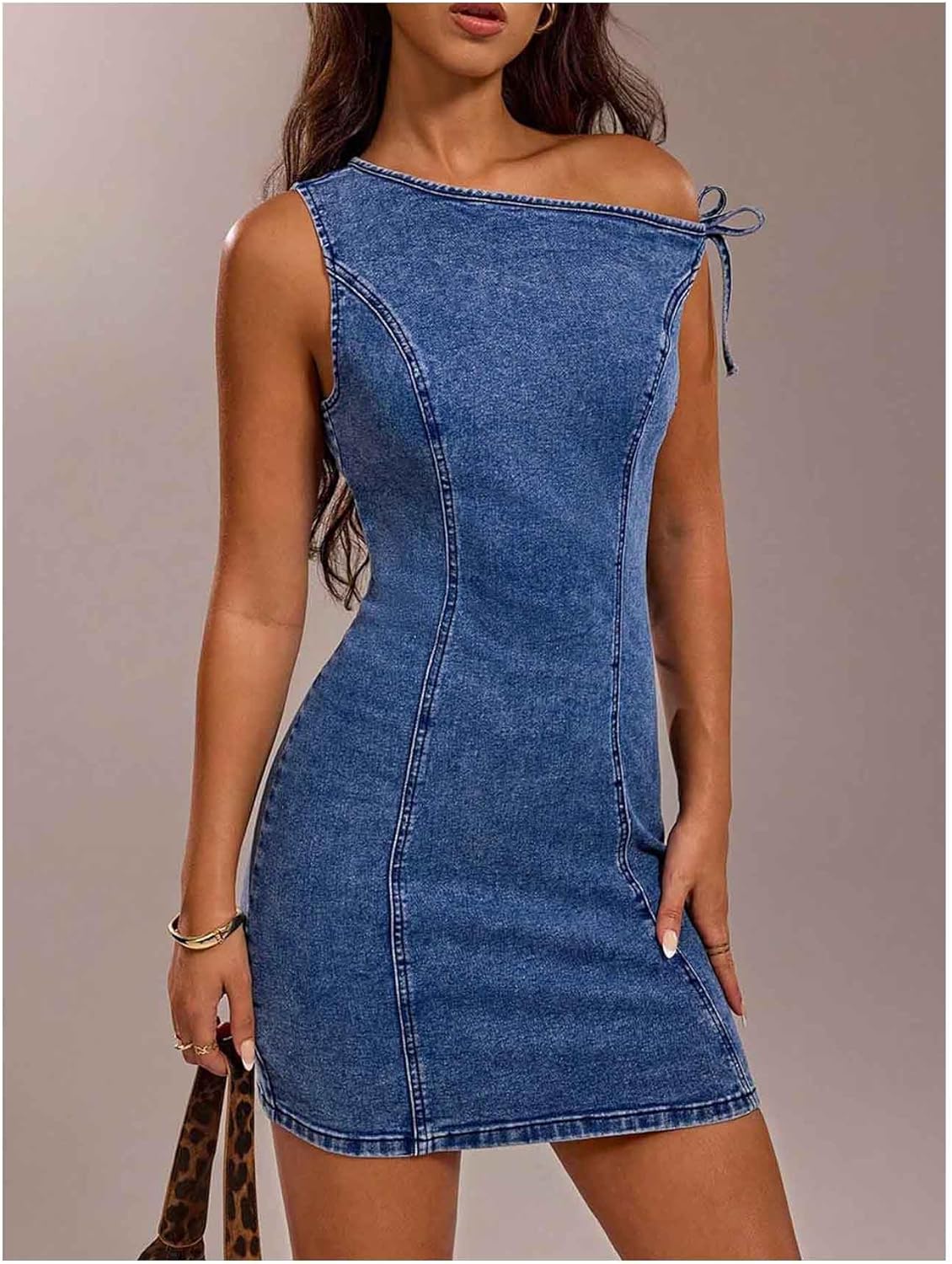 Floerns Women's Asymmetrical Neck Knot Denim Dress Party Bodycon Mini Jean Dresses - Image 2