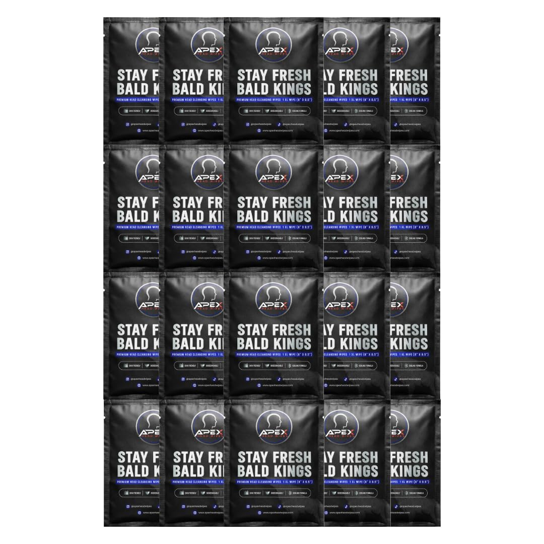Apex Head Wipes. Cooling Bald Head & Scalp Wipes for Men – Sweat Wipes for Gym, Workouts, Travel & Hat Sweat – Alcohol-Free Post-Shave Cleansing Wipes – Individually Wrapped – 20 Pack