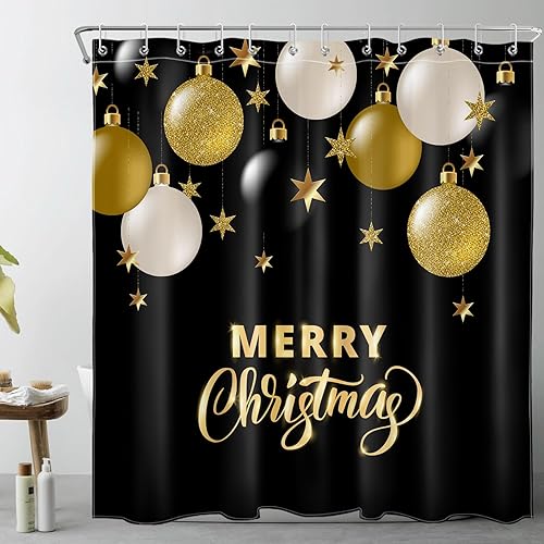 LB Merry Christmas Shower Curtain Decor, White and Gold Christmas Ball on Black Shower Curtain for Bathroom 72X72 inch Polyester Fabric Bathroom