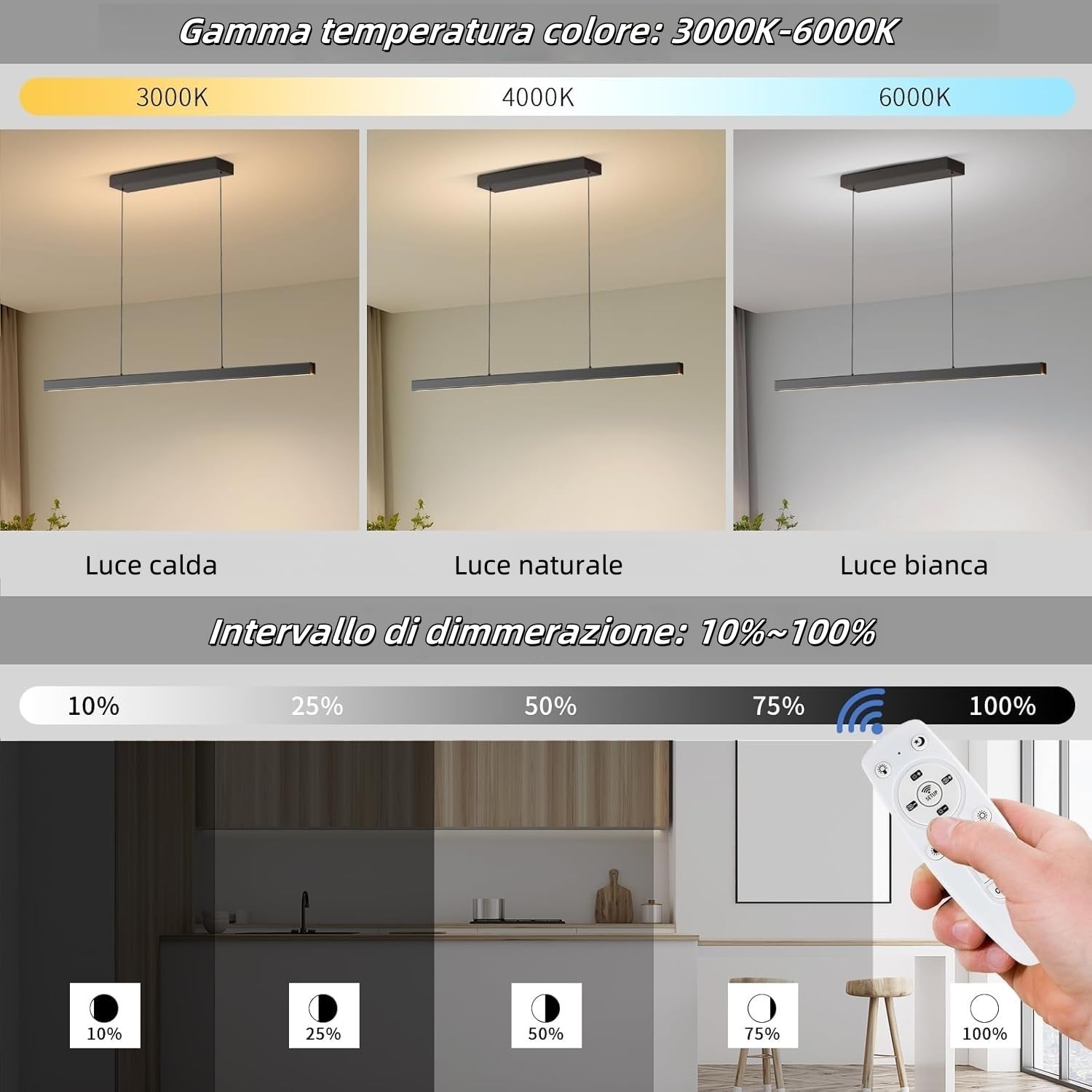 Lampadari Moderni Led, 3000K/4500K/6500K 10%–100% Temperatura Colore Lineare Lampadari Cucina, Dimmabile Con Telecomando Lampadario Per Cucina, Soggiorno, Camera Da Pranzo, Camera Da Letto Nero 100CM