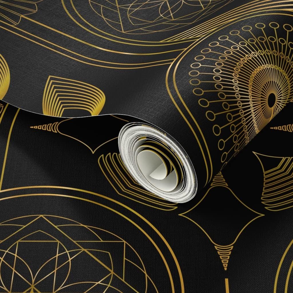 Spoonflower Peel & Stick Wallpaper Swatch - Art Deco Flower 1920s Gold Floral Black Flowers Geometric Dark Custom Removable Wallpaper