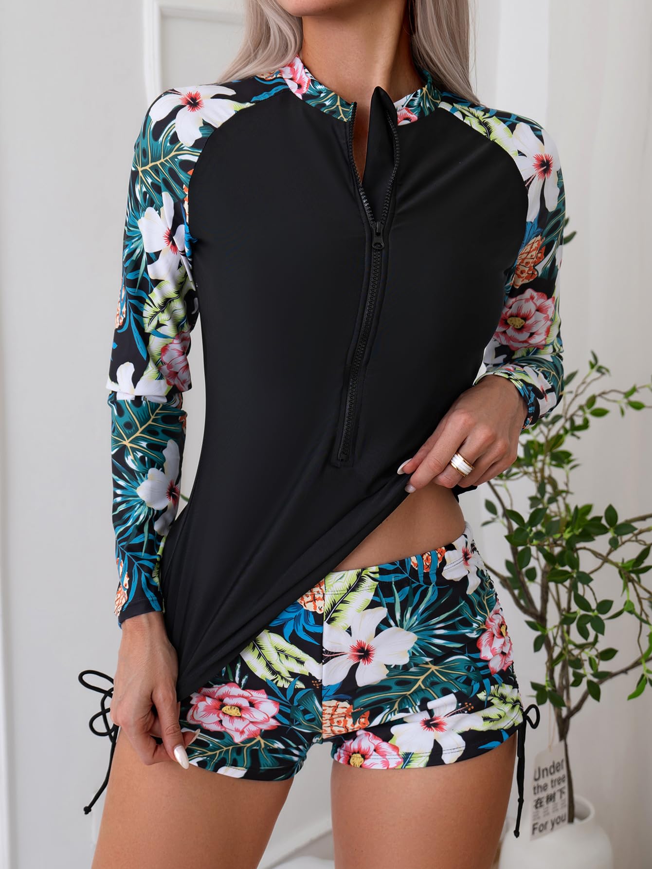 Owntop Maillot de bain 2 pièces à manches longues pour femme, maillot de bain anti-UV UPF 50+, gilet rashguard à fermeture éclair, maillot de bain floral avec bas taille haute, pour la natation et le