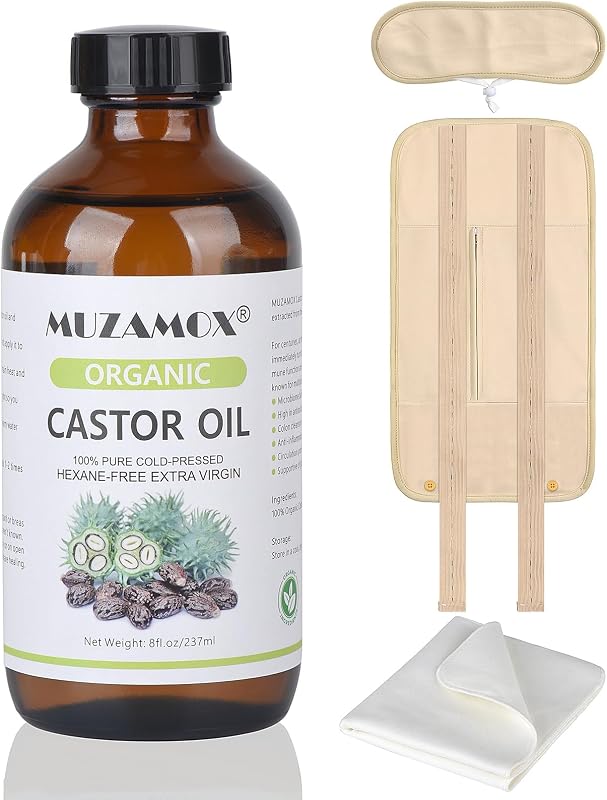 MUZAMOX Kit de compressa com óleo de rícino e frascos de vidro, 237 mL