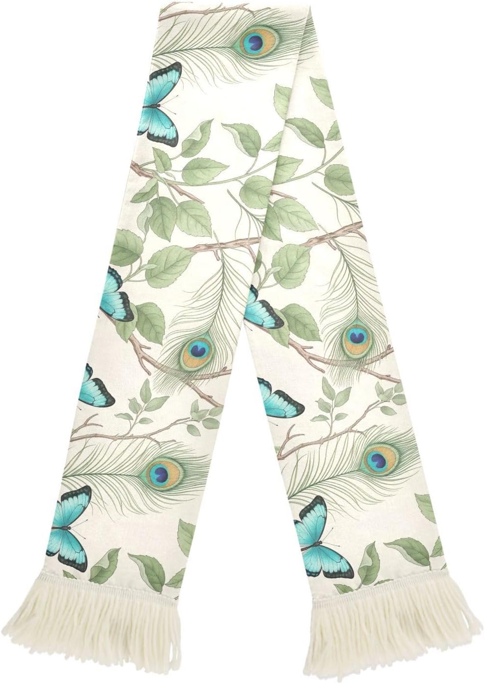 CHIFIGNO Peacock Turquoise Butterflies Cream Sports Fan Scarf, Soft Polyester Sweat Wicking Cheering Towel for Soccer Games, Fringe Ends