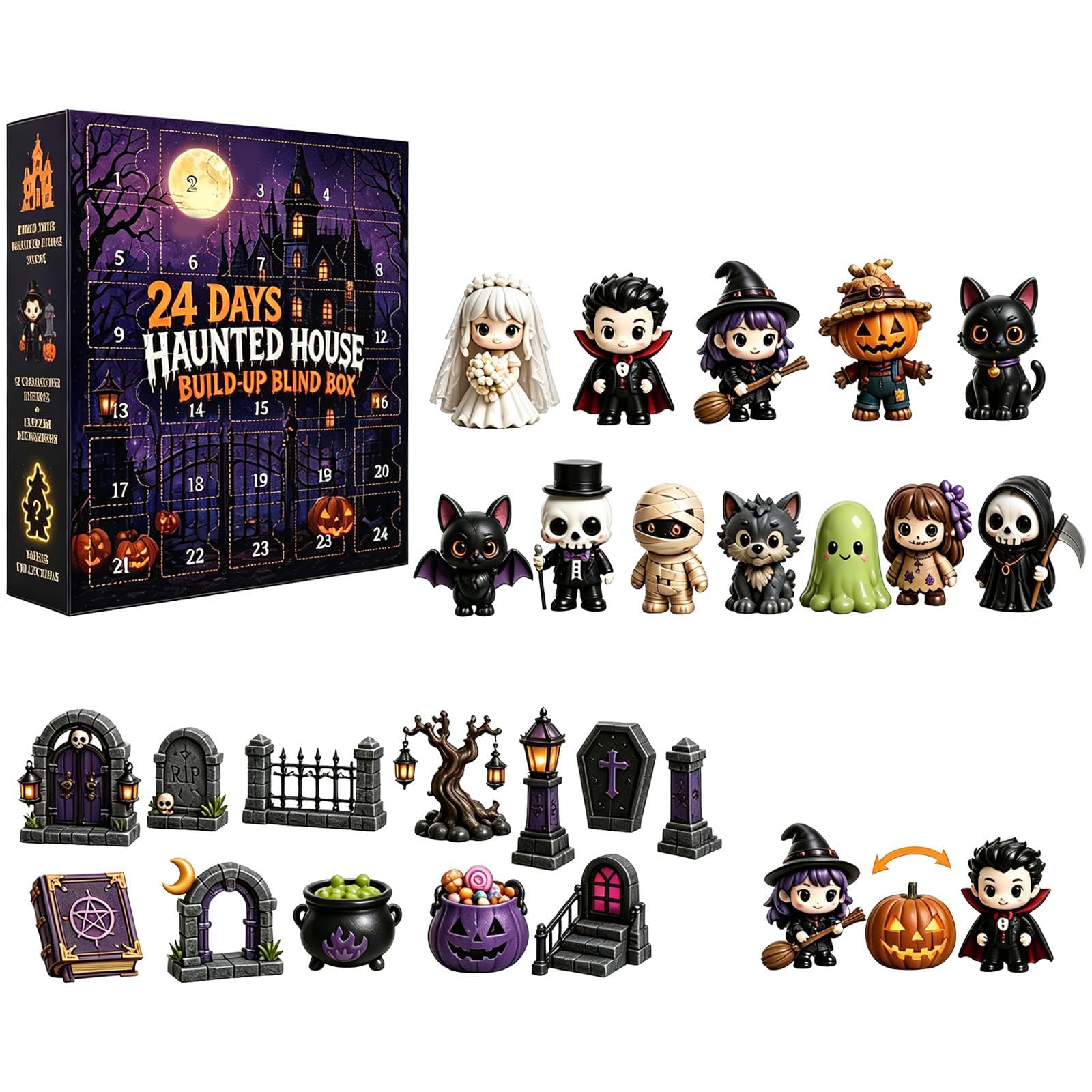 Halloween Advent Calendar DIY Kit Creepy Haunted House Build Your Own 24 Day Advent Calendar for Halloween, 24 Ghost Figures Collectable