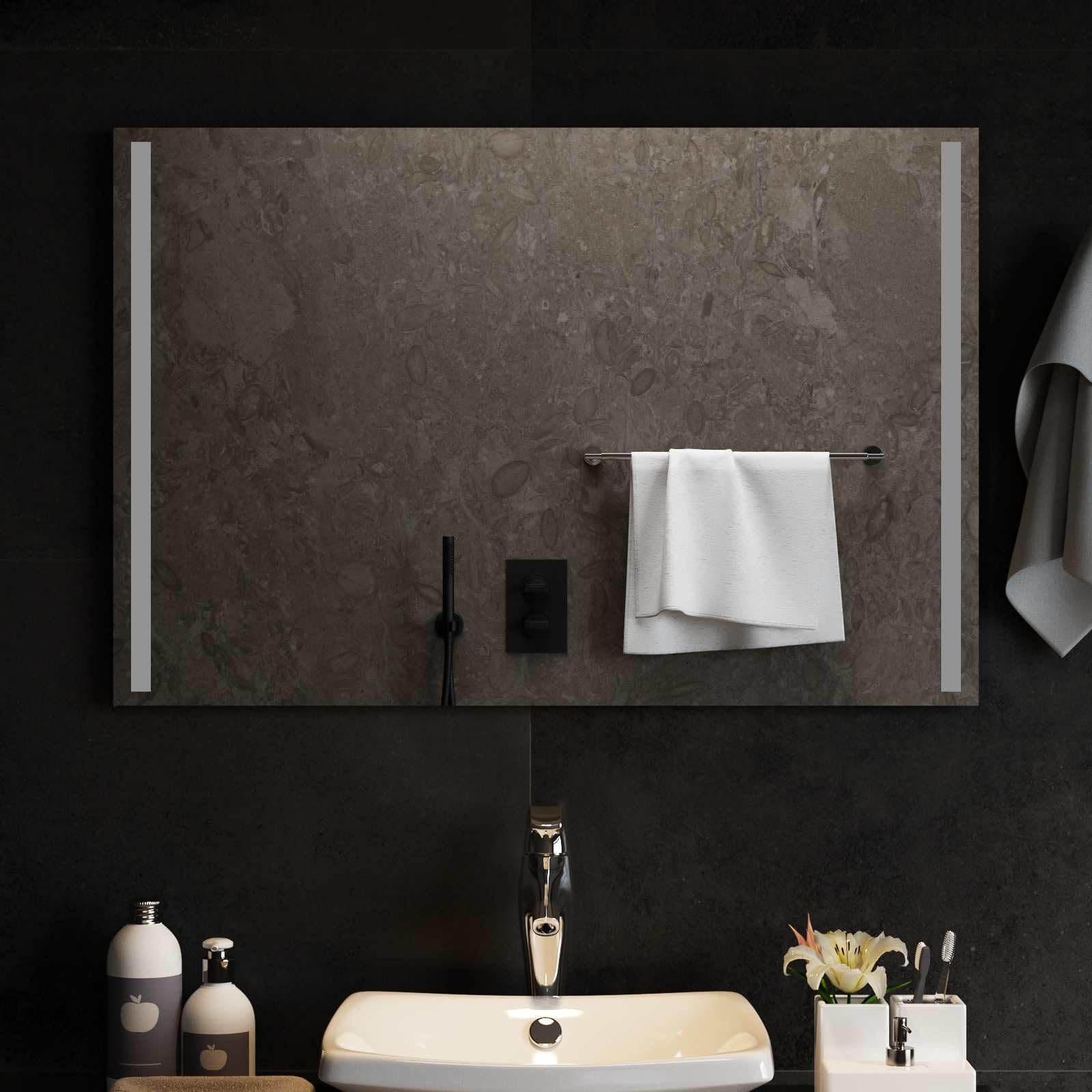Specchio da bagno a LED, 90 x 60 cm, con vetro temperato, montaggio a parete, elegante accessorio da bagno con illuminazione a LED integrata e struttura in vetro di sicurezza durevole