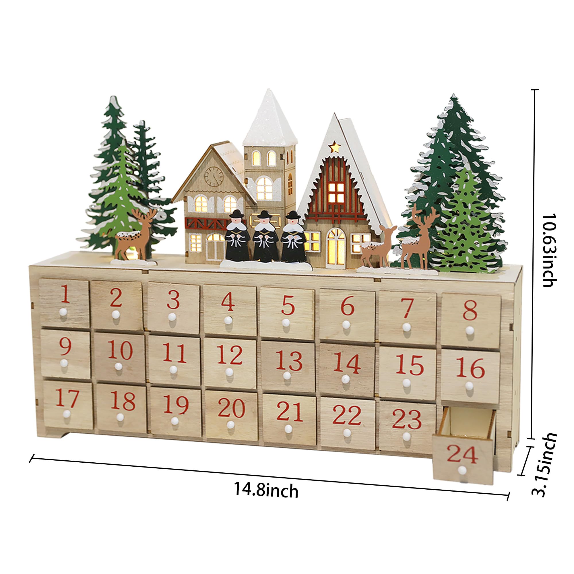 Calendario de Adviento de madera con luces LED, cuenta regresiva de 24 cajones para Navidad, diseño de casa de granero, decoración navideña con reno, perfecto para niños y adultos, 14.8