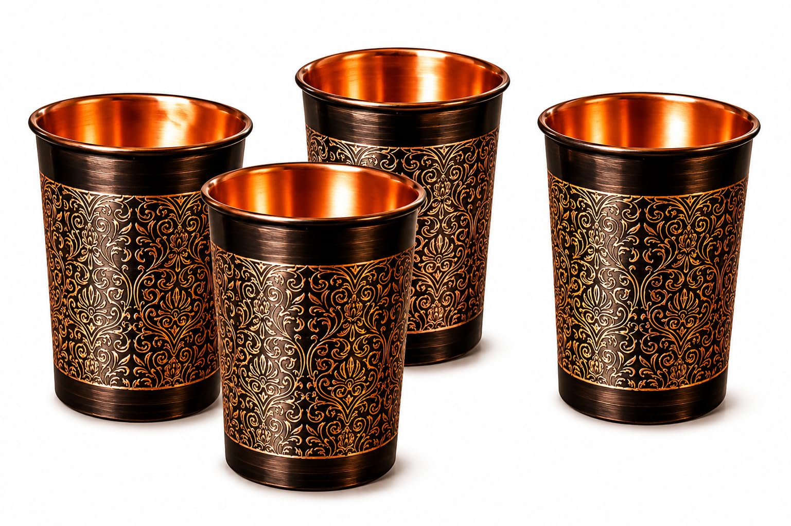 i2collections Pure Copper Water Glass Set of 4 with Antique Etching Design, 300ml Handmade Ayurvedic Drinking Tumblers for Kitchen Dining, Wellness, Wedding, Festive & Housewarming Gift