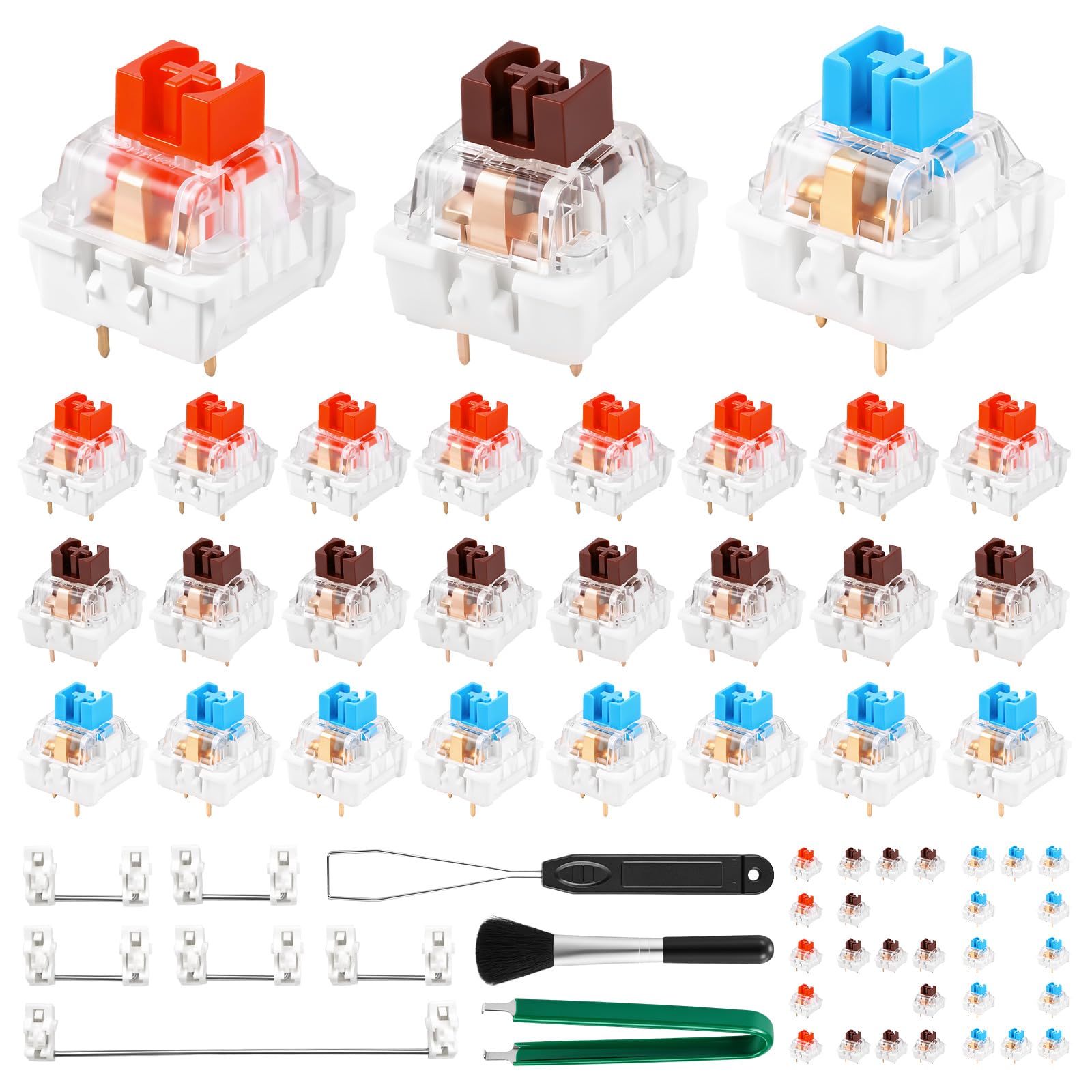 150Pcs Keyboard Switches, 3-Pin Clicky Tactile Mechanical Keyboard Switch, 3 Colors Complete DIY Replacement Kit with Switch Puller & Brush