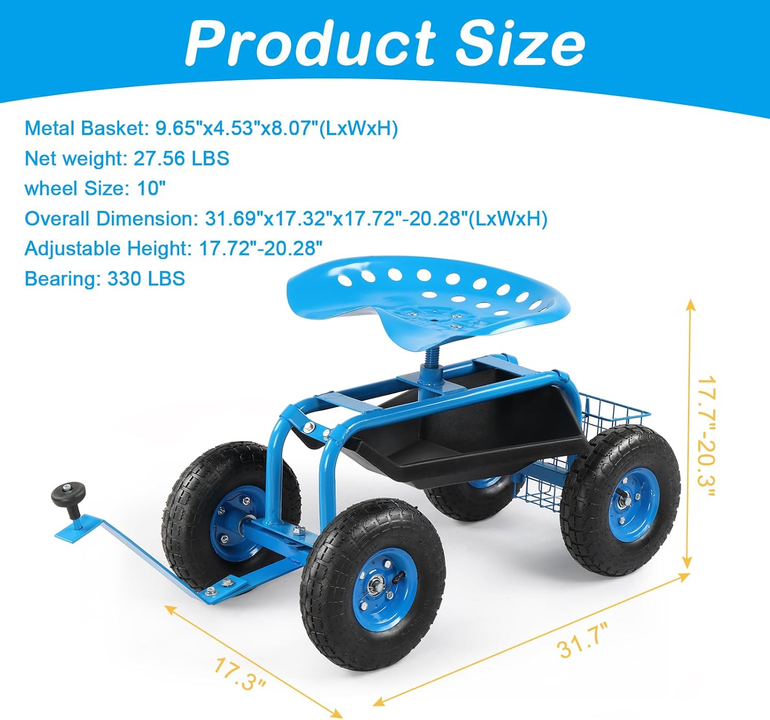 VINGLI Rolling Garden Stool with Seat, Blue Gardening Seat with Wheels and Extra Storage, Easy Assembly Patio Wagon Scooter for Yard Work