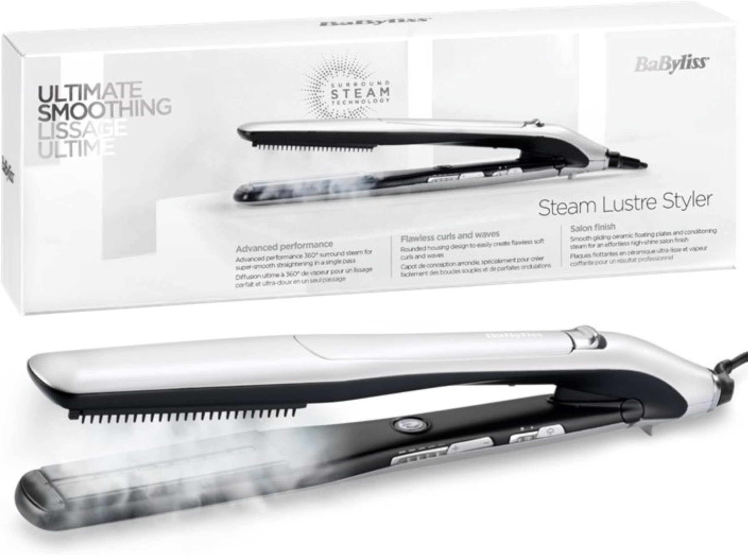 BaByliss Steam Lustre Professional Styler Hair Straightener With Advanced Ceramic 36Mm Wide Heating Plates, 5 Heat Settings Upto 210°C, Steam Conditioning & Auto Shut Off, 5 Years Guarantee (St595Sde)