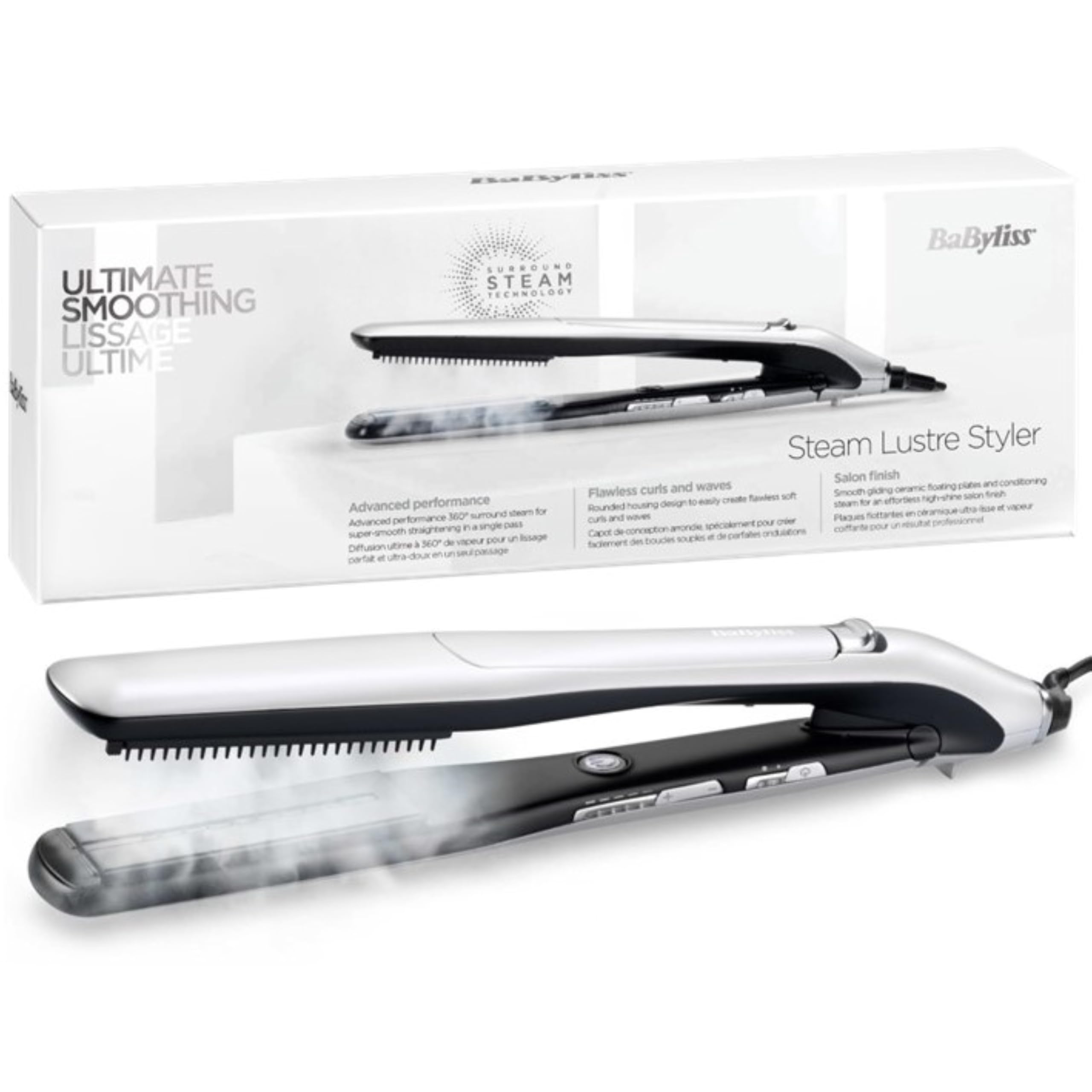 BaBylissSteam Lustre Professional Styler Hair Straightener With Advanced Ceramic 36Mm Wide Heating Plates, 5 Heat Settings Upto 210°C, Steam Conditioning & Auto Shut Off, 5 Years Guarantee (St595Sde)