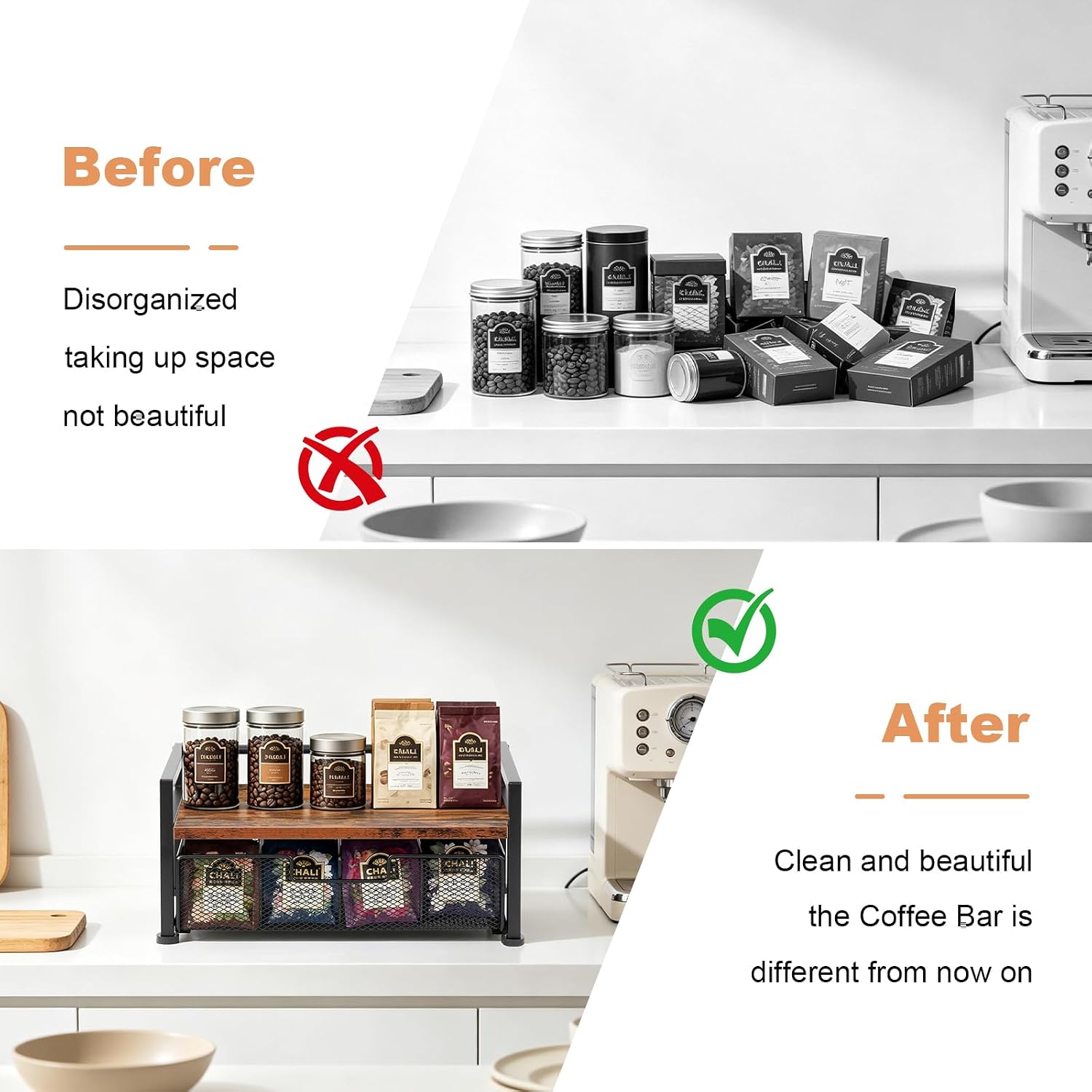 CEYAZYE Tea Bag Organizer, Teabag Holder with 8 Compartments Drawer | Wood & Metal Tea Bar Storage Box, Multi-Purpose Tea Station Chest Display for Countertop Kitchen, Office, Rustic Brown