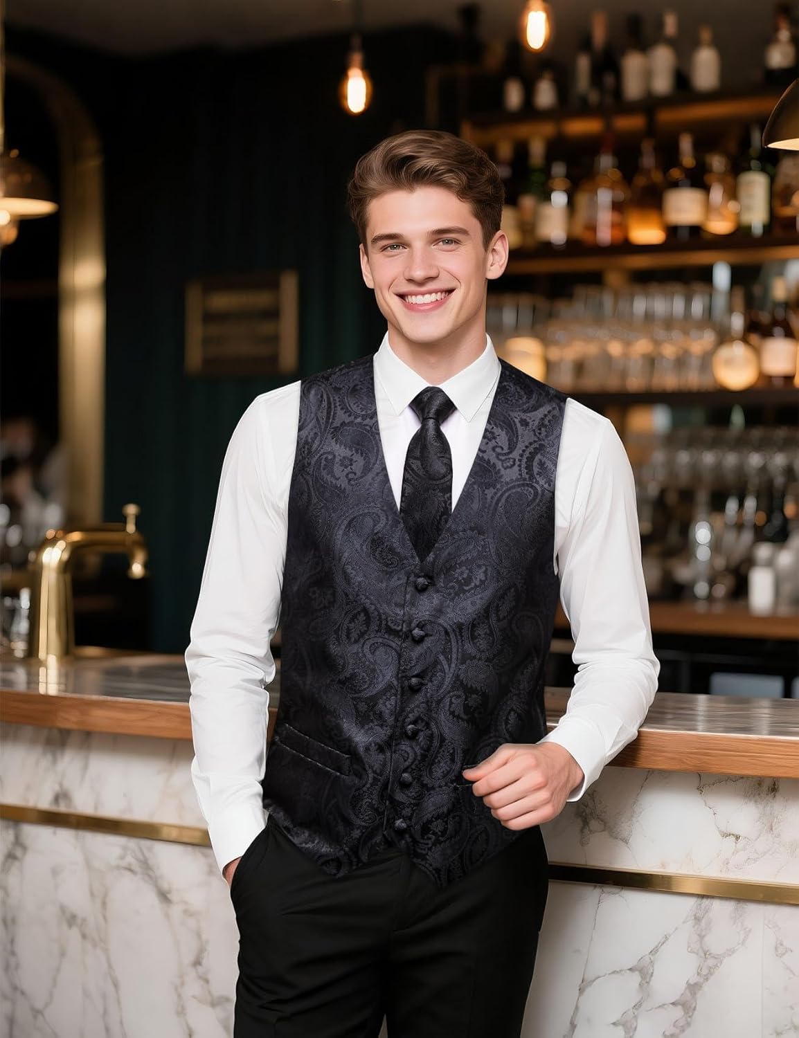 YOHOWA Mens Suit Vest Silk Tie Bowtie Set Paisley Jacquard Formal Waistcoat Clip Hanky Cufflinks Lapel Pin Wedding Party 8PCS - Image 2