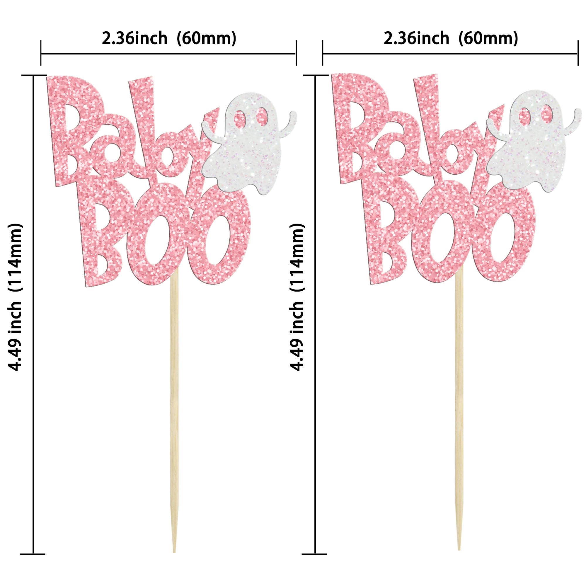 24Pcs Halloween Baby Boo Cupcake Toppers Pink Glitter Spooky Little Boo Ghost Cupcake Picks for Halloween Theme Baby Shower Kids Boys Girls Birthday Party Cake Decorations Supplies