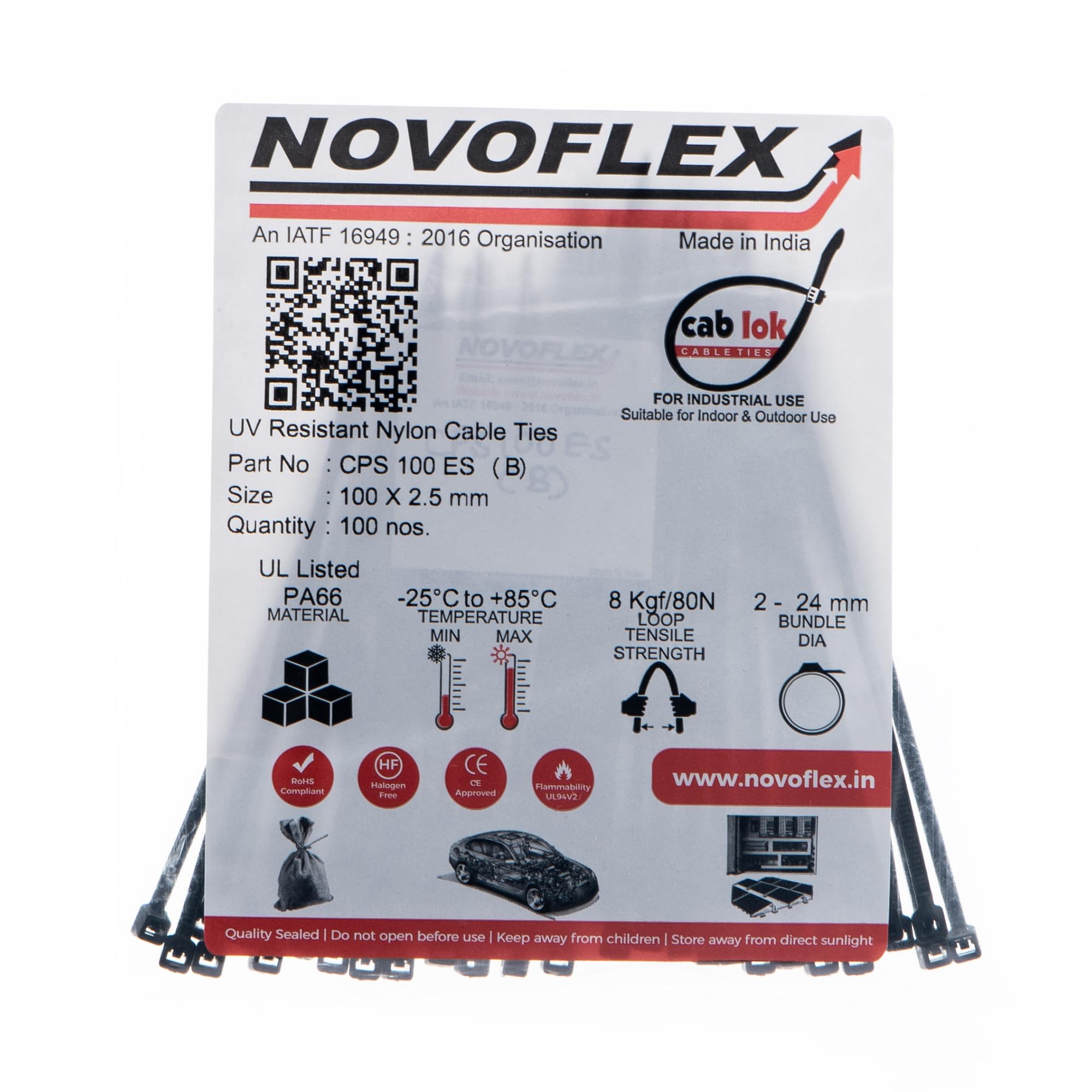 Novoflex CPS 100 ES (B) ,UV Resistant Cab Lok Nylon Cable Ties 100 x 2.5 mm Colour: Black ,Pack of 100, 4 Inch, Tensile Strength: 8 KGF / 18 LBS-image-9