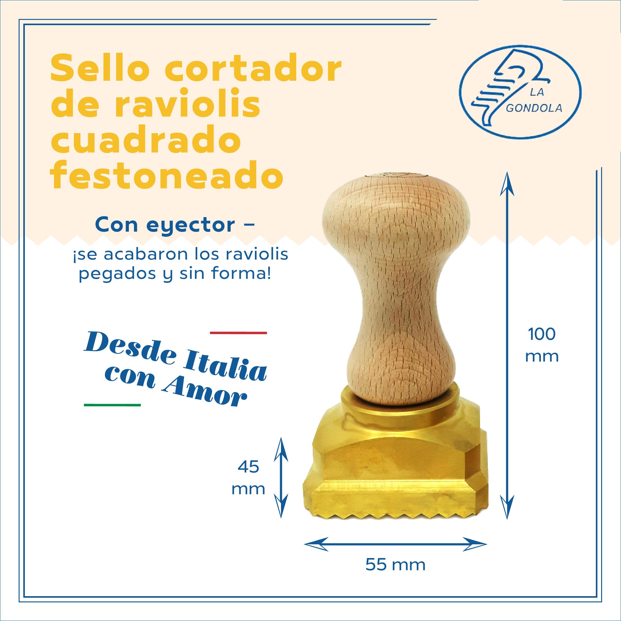 La Gondola Cortador de Raviolis Caseros - Cuadrado Festoneado 45x55 mm | Cortapastas de Latón y Madera Natural | Cortador de Pasta Robusto Fácil de Usar | Utensilio para Pasta Fresca Hechos en Italia