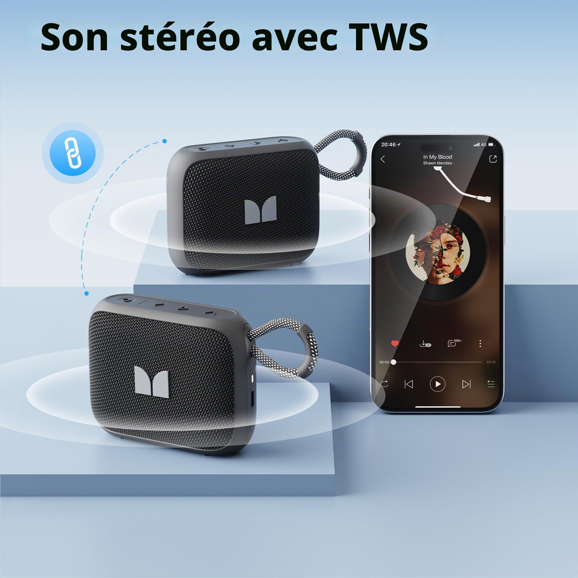 Monster, Enceintes Bluetooth MS-520 Portable, Étanche IPX7, 12h d'Autonomie, TWS Stéréo, Bluetooth 6.0, Microphone Intégré, Portée 15 Mètres