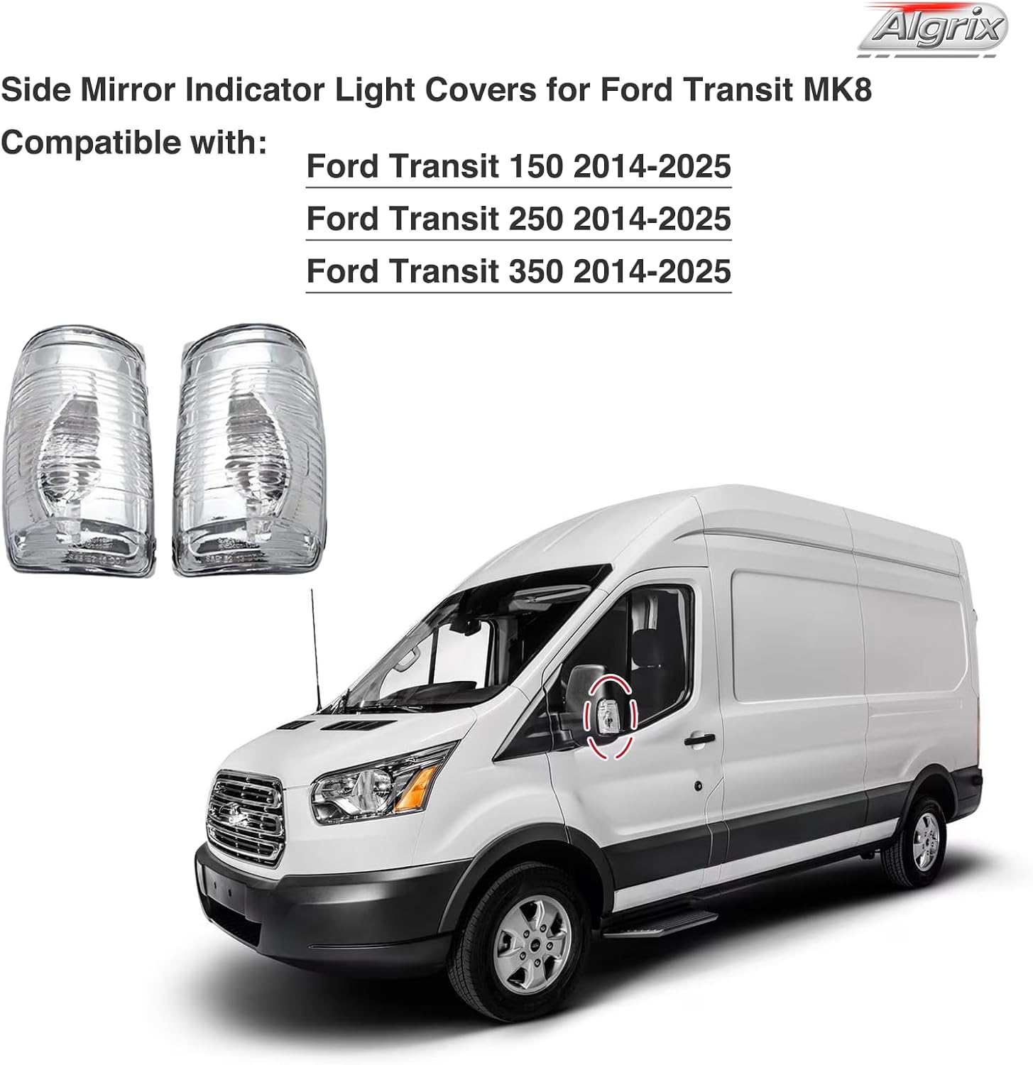 Side Mirror Indicator Light Covers Replacement for Ford Transit T150 250 350 2015 2016 2017 2018 2019 2020 2021 2022 2023 2024 2025 MK8, 1 Pair Left&Right